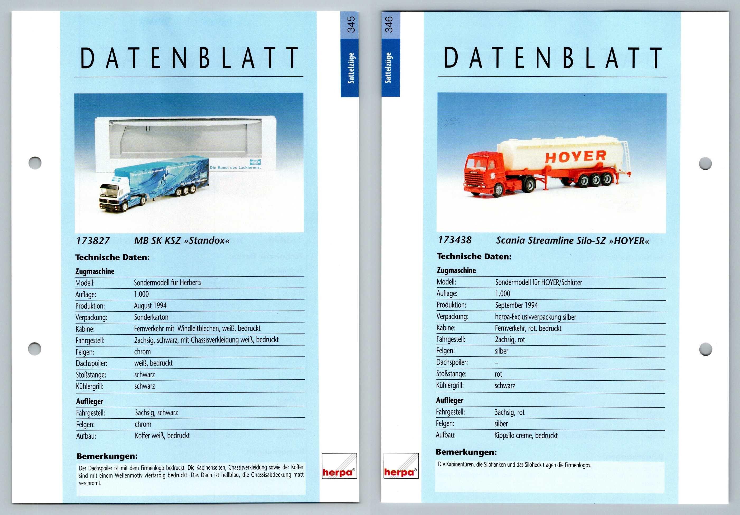 MB SK KSZ / Scania Streamline Silo #345/346 Sattelzuge - Herpa Data Sheet-Breakoutcards