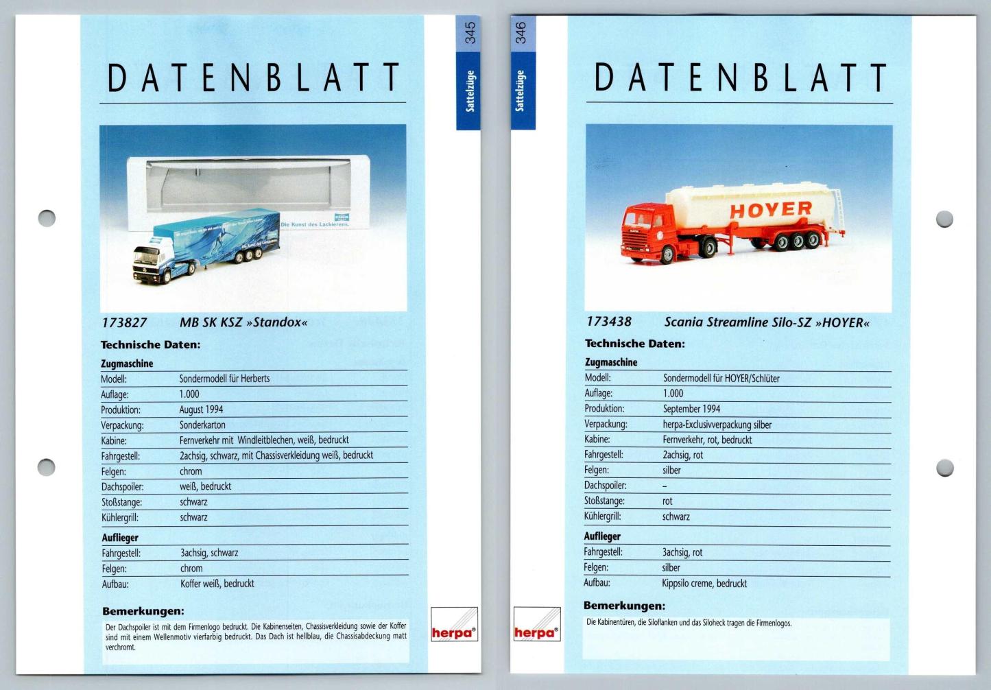 MB SK KSZ / Scania Streamline Silo #345/346 Sattelzuge - Herpa Data Sheet-Breakoutcards