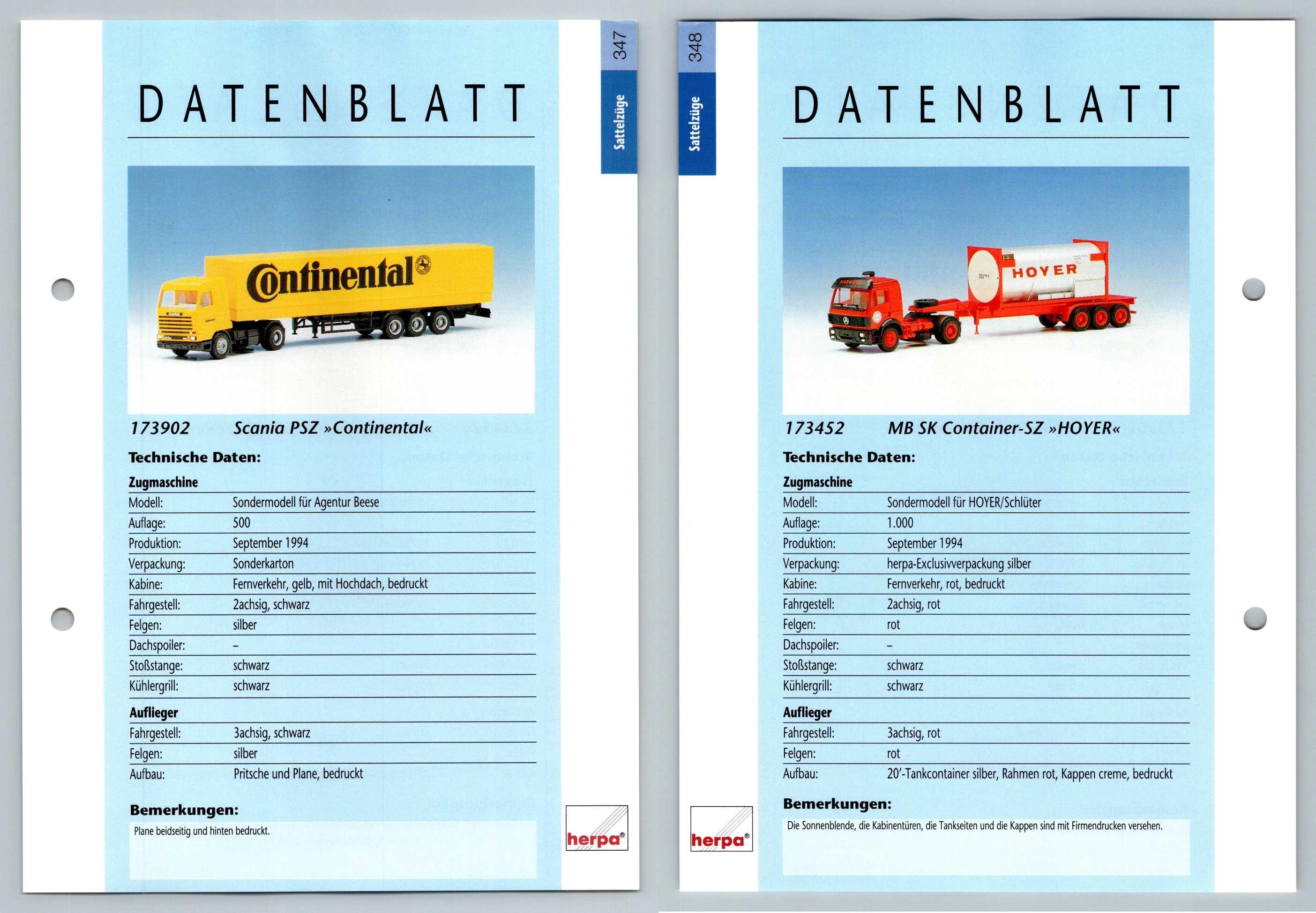Scania PSZ / MB SK Container SZ #347/348 Sattelzuge - Herpa Data Sheet-Breakoutcards