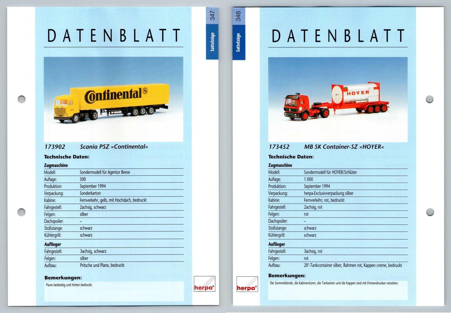 Scania PSZ / MB SK Container SZ #347/348 Sattelzuge - Herpa Data Sheet-Breakoutcards
