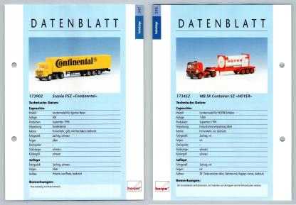 Scania PSZ / MB SK Container SZ #347/348 Sattelzuge - Herpa Data Sheet-Breakoutcards
