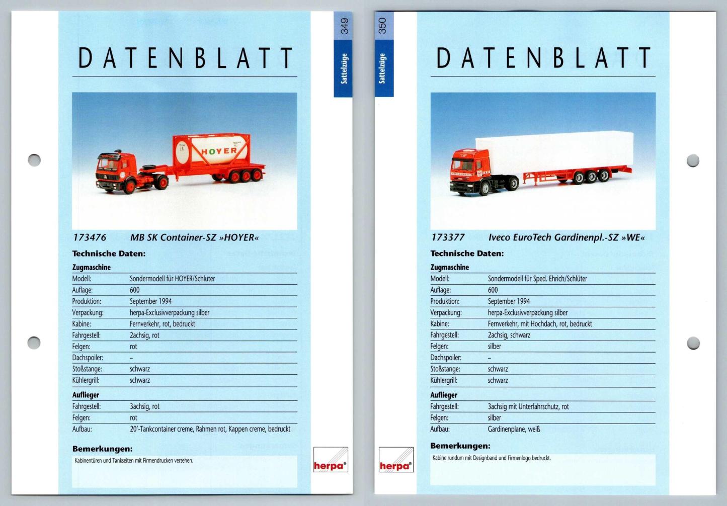MB SK Container SZ / Iveco EuroTech #349/350 Sattelzuge - Herpa Data Sheet-Breakoutcards