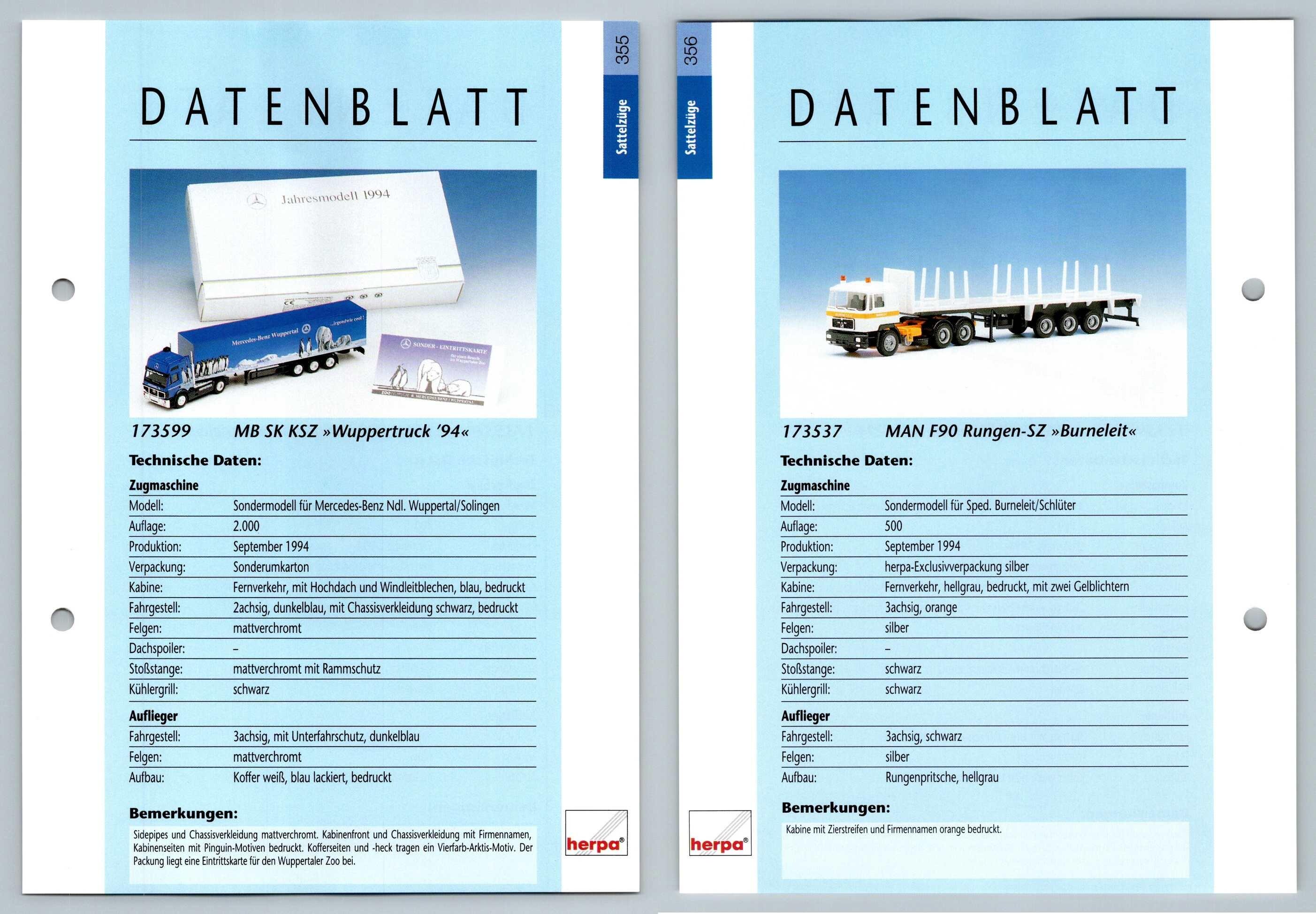 MB SK KSZ / MAN F90 Rungen #355/356 Sattelzuge - Herpa Data Sheet-Breakoutcards