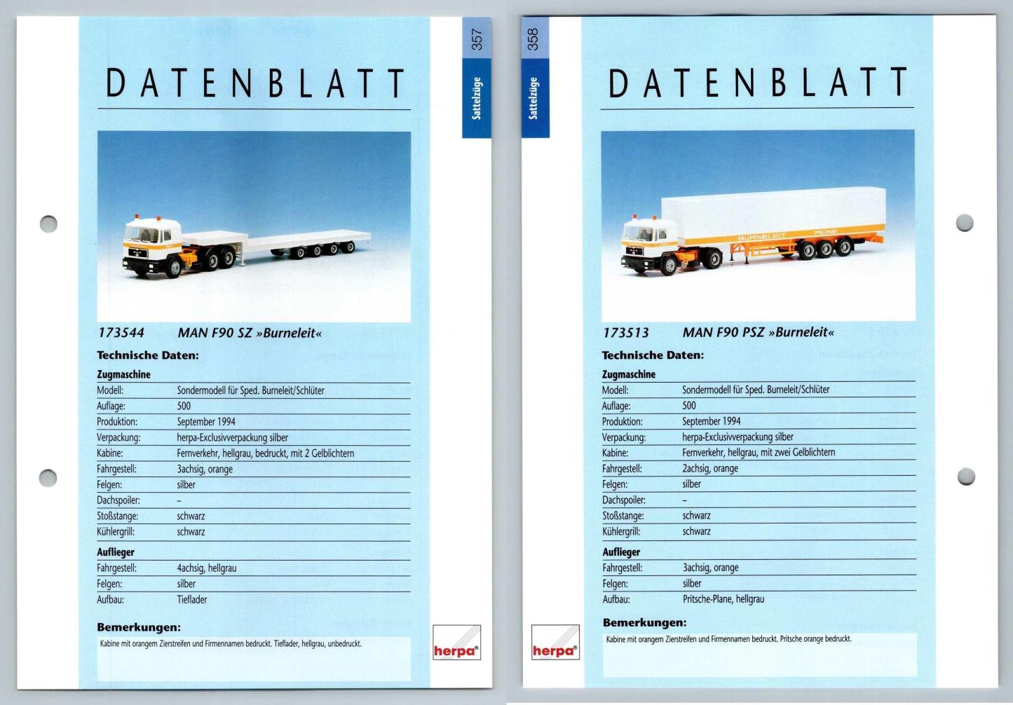 MAN F90 SZ / MAN F90 PSZ #357/358 Sattelzuge - Herpa Data Sheet-Breakoutcards
