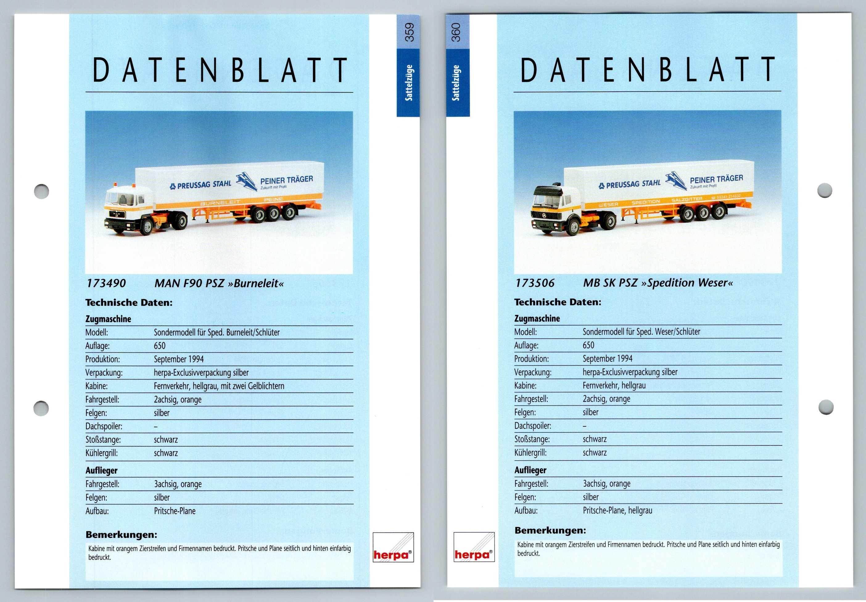 MAN F90 PSZ / MB SK PSZ #359/360 Sattelzuge - Herpa Data Sheet-Breakoutcards