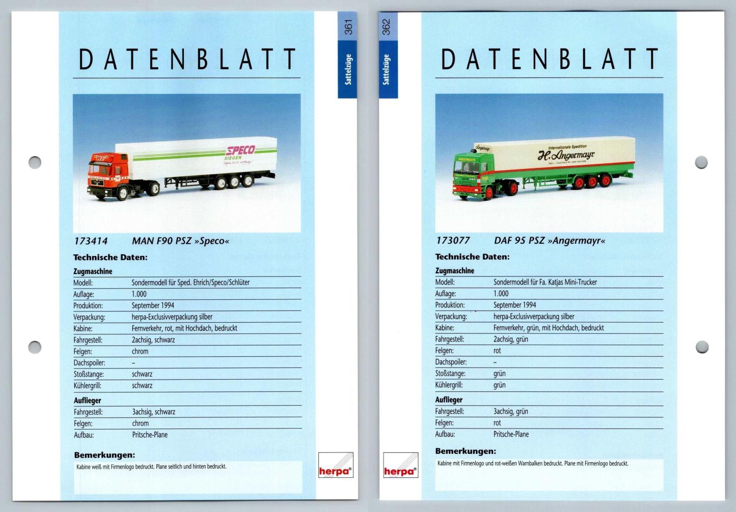 MAN F90 PSZ / DAF 95 PSZ #361/362 Sattelzuge - Herpa Data Sheet-Breakoutcards