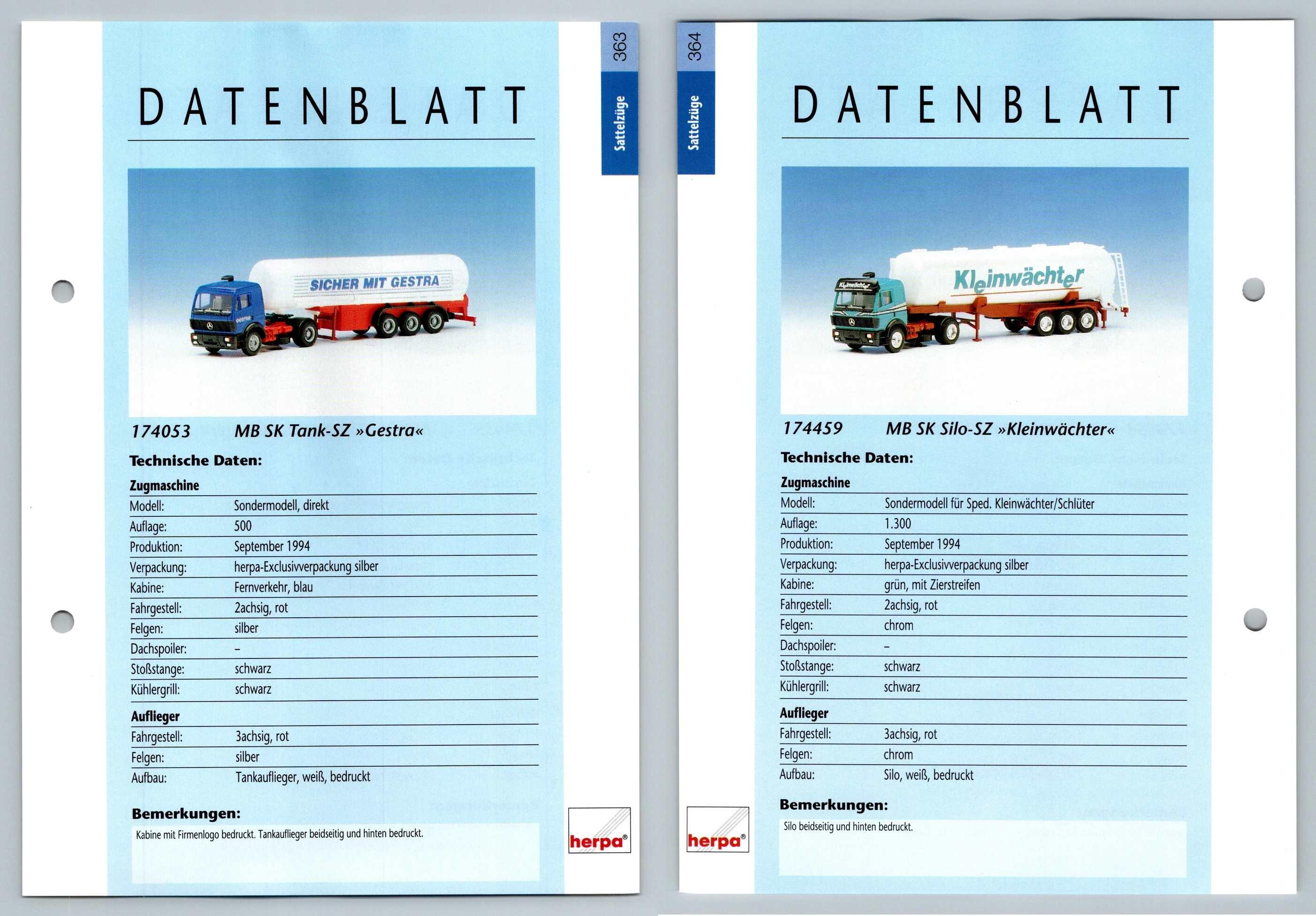 MB SK Tank SZ / MB SK Silo SZ #363/4 Sattelzuge - Herpa Data Sheet-Breakoutcards