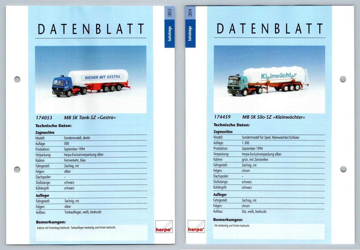 MB SK Tank SZ / MB SK Silo SZ #363/4 Sattelzuge - Herpa Data Sheet-Breakoutcards