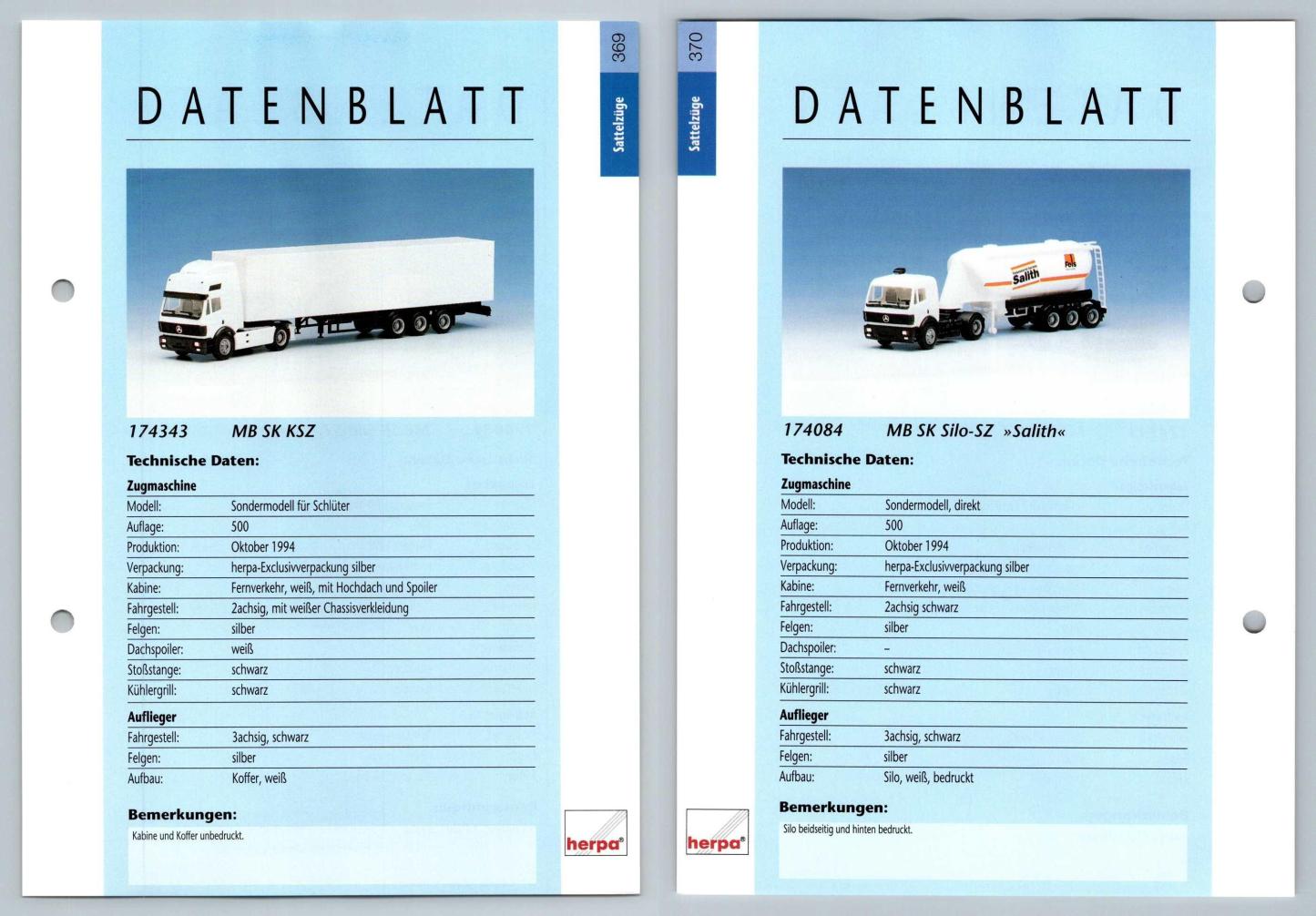 MB SK KSZ / MB SK Silo SZ #369/70 Sattelzuge - Herpa Data Sheet-Breakoutcards