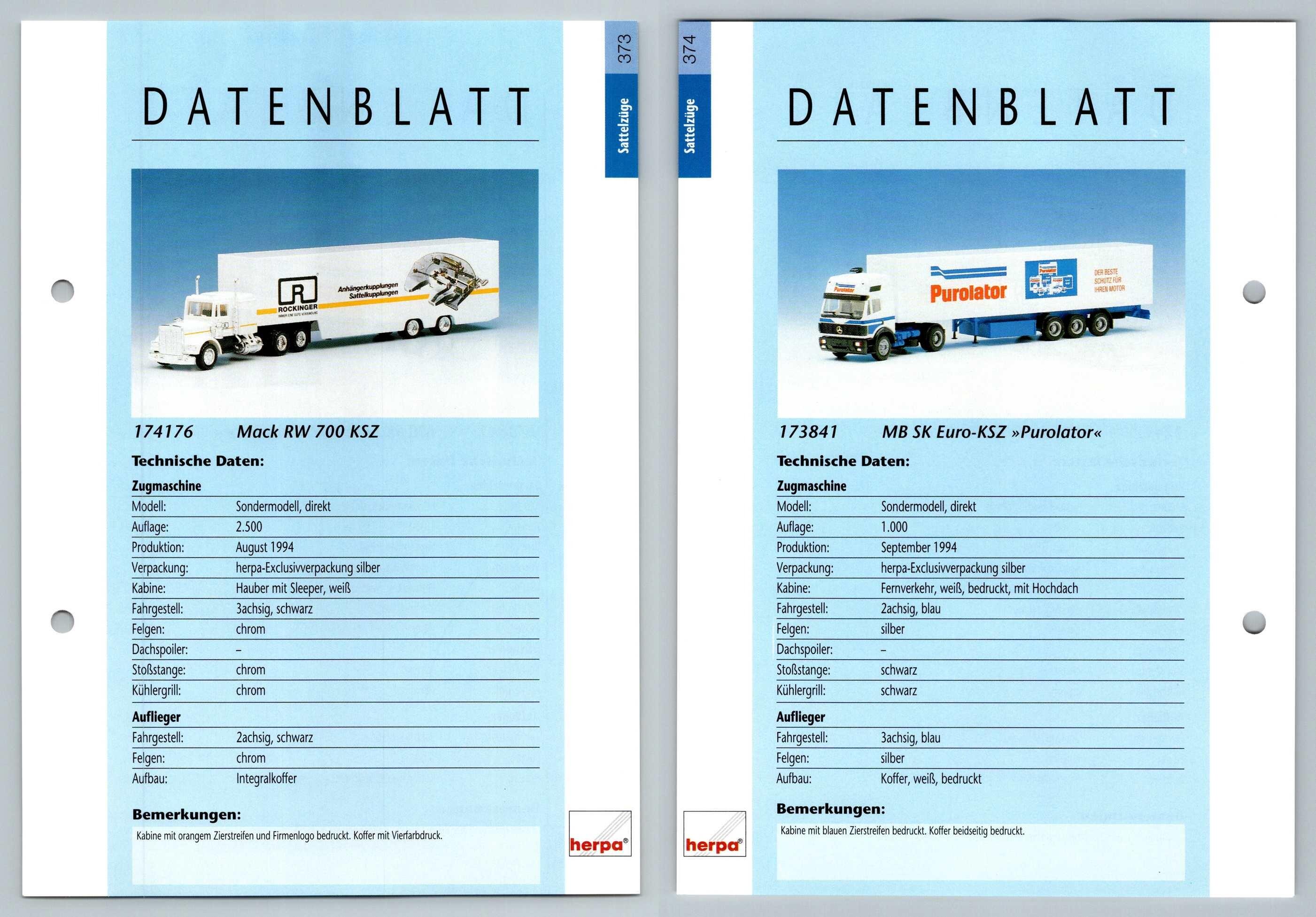 Mack RW 700 / MB SK Euro-KSZ #373/4 Sattelzuge - Herpa Data Sheet-Breakoutcards