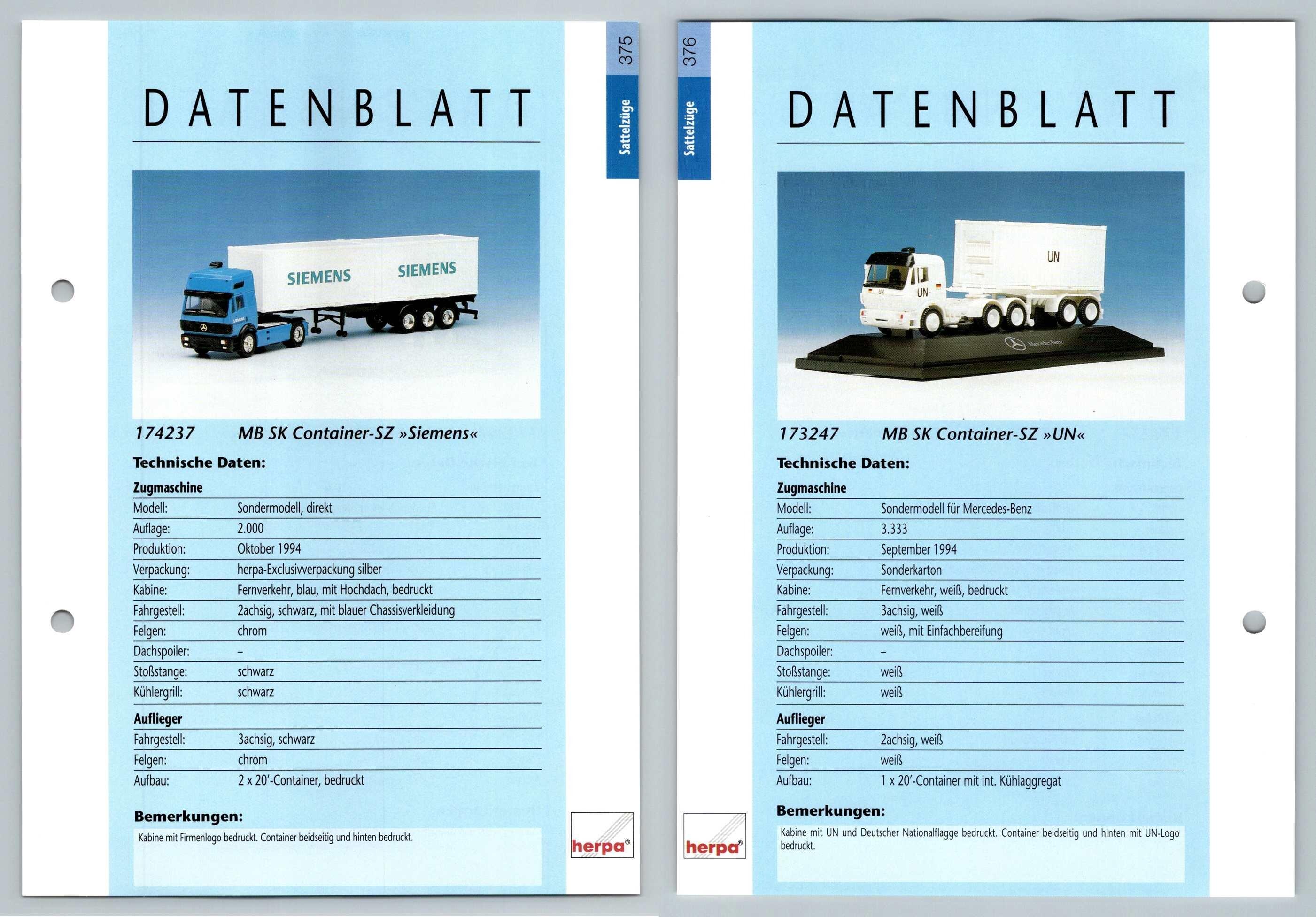 MB SK Container Siemens / UN #375/6 Sattelzuge - Herpa Data Sheet-Breakoutcards
