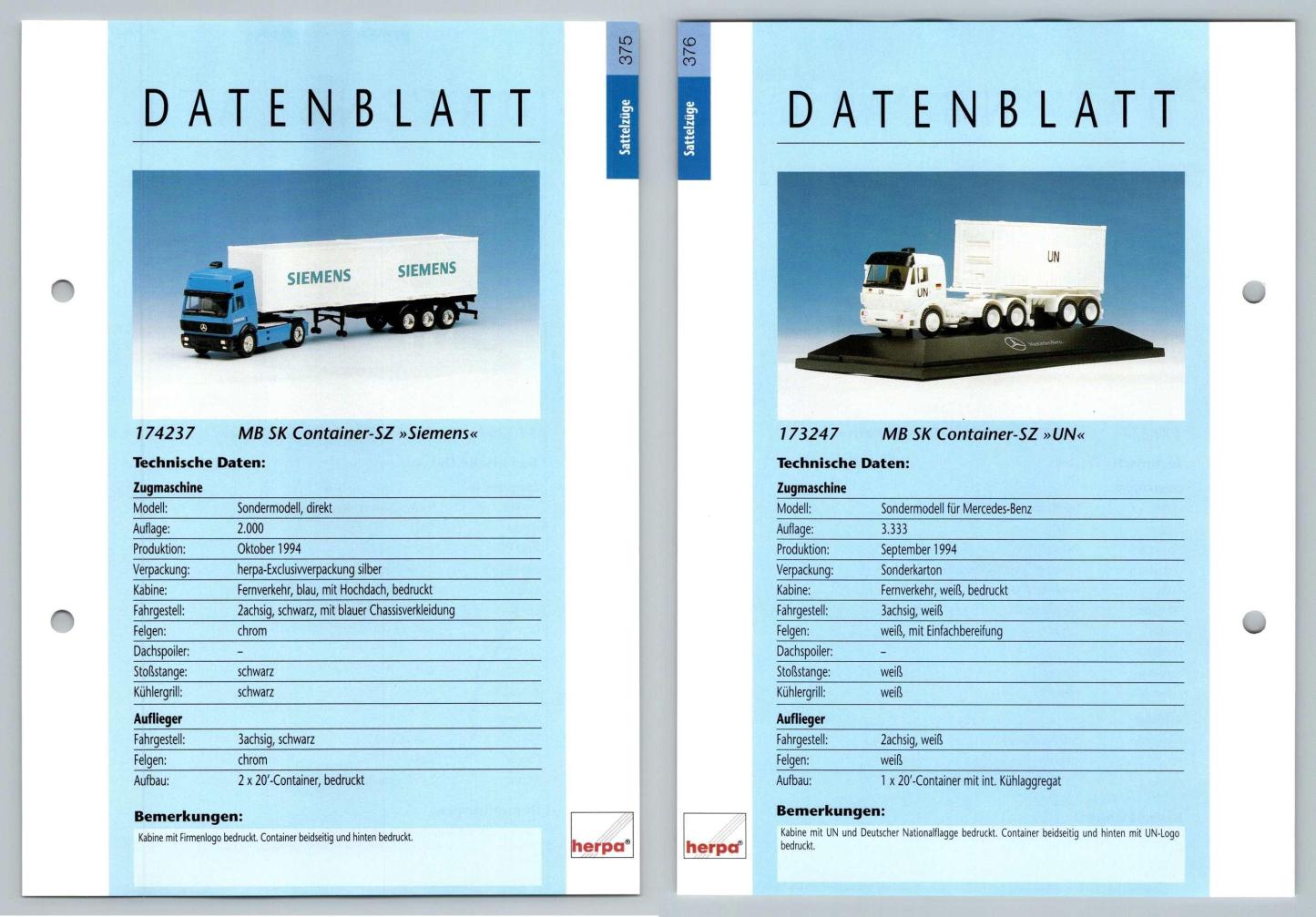 MB SK Container Siemens / UN #375/6 Sattelzuge - Herpa Data Sheet-Breakoutcards