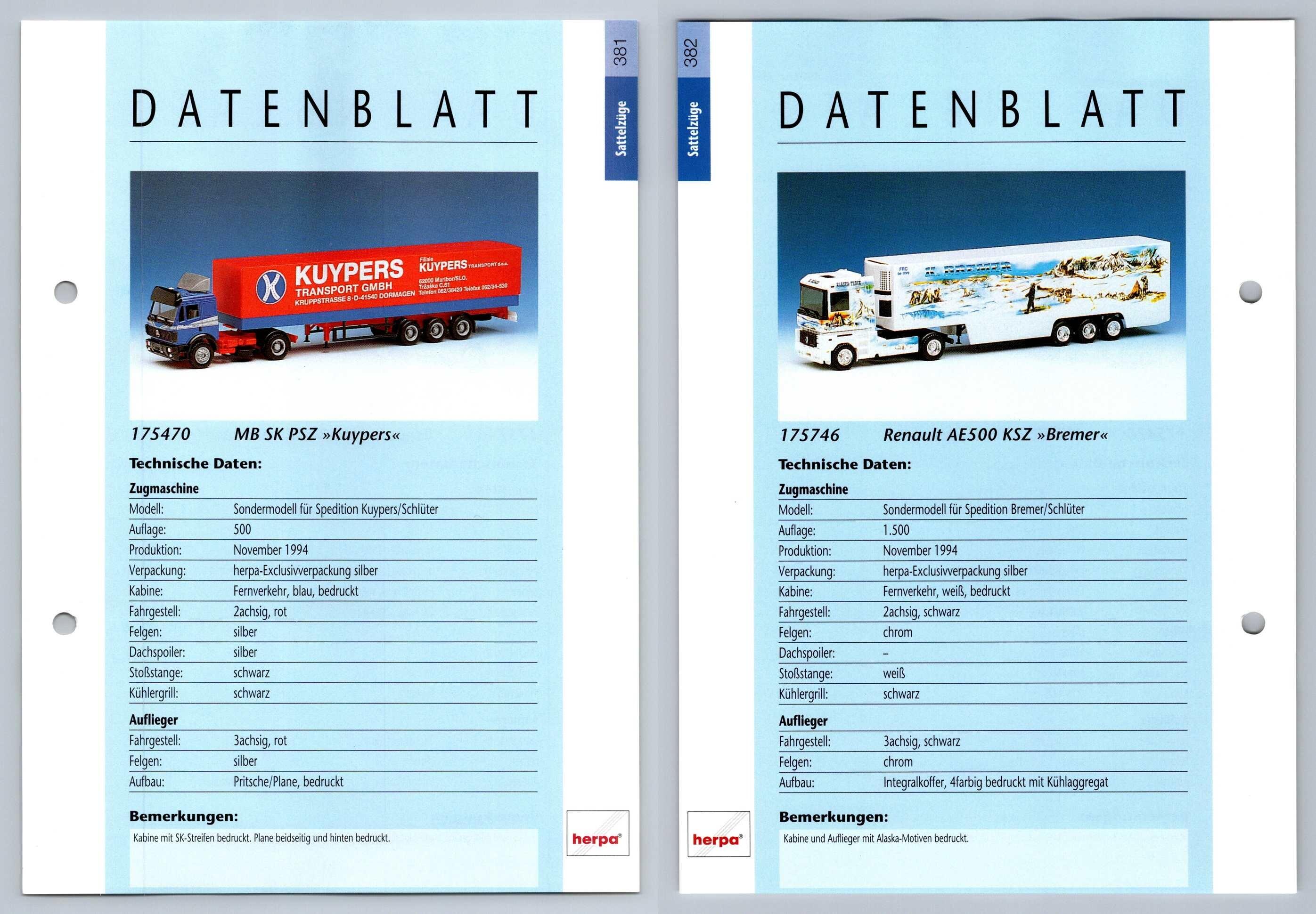 MB SK PSZ / Renault AE500 #381/2 Sattelzuge - Herpa Data Sheet-Breakoutcards