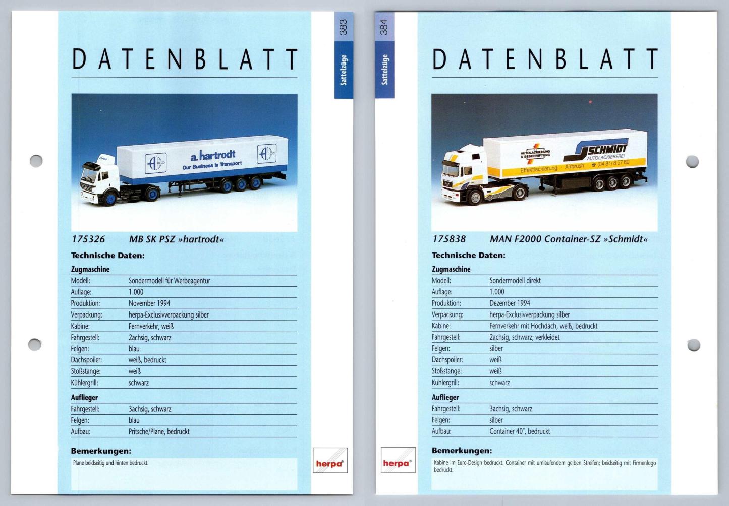 MB SK PSZ / MAN F2000 Container #383/4 Sattelzuge - Herpa Data Sheet-Breakoutcards