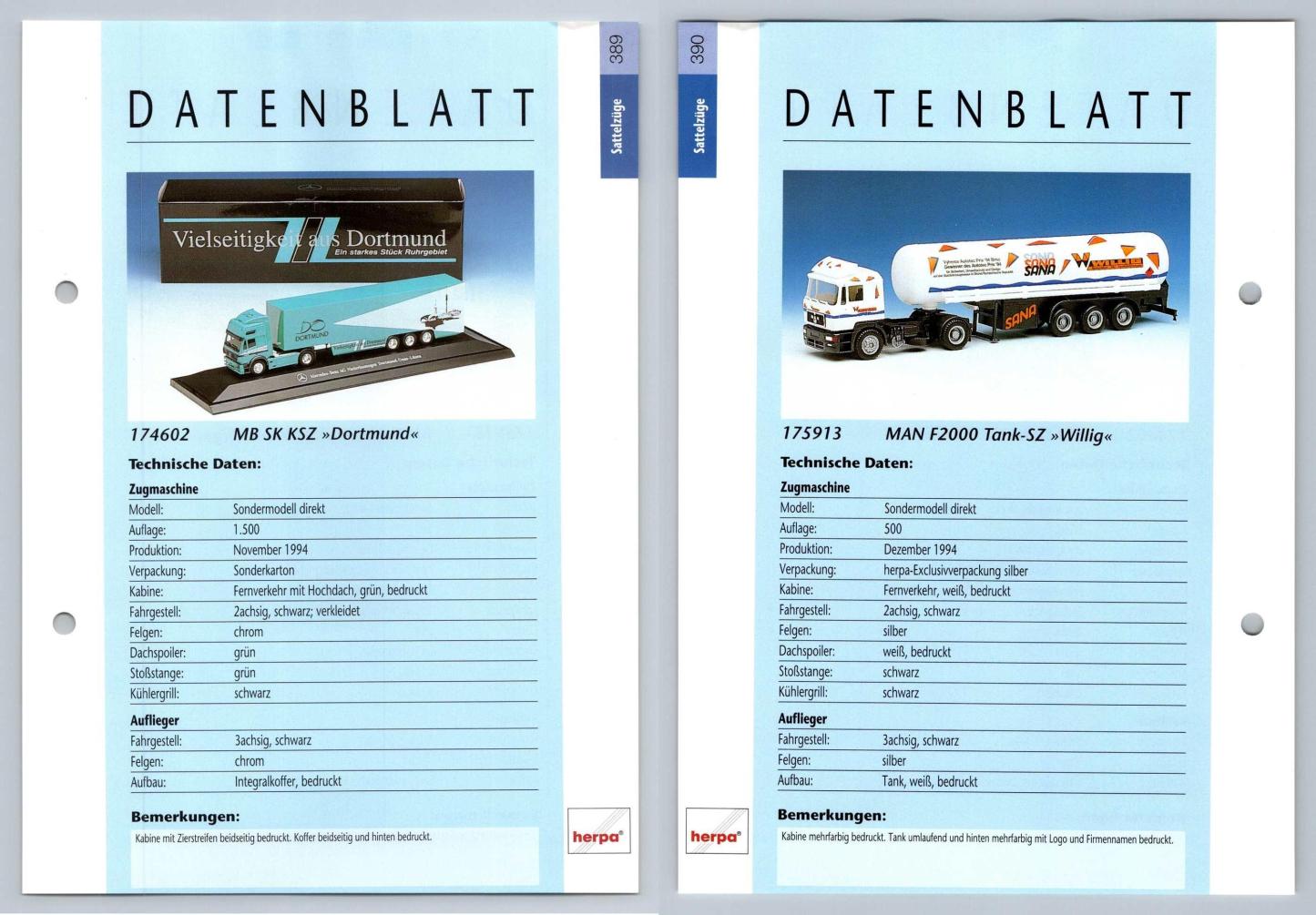 MB SK KSZ / MAN F2000 Tank #389/90 Sattelzuge - Herpa Data Sheet-Breakoutcards
