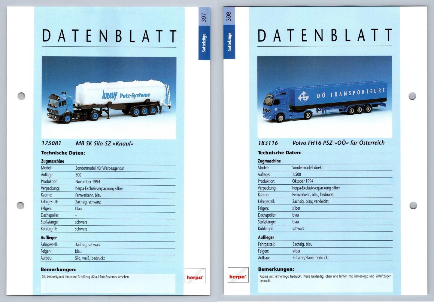 MB SK Silo / Volvo FH16 PSZ #397/8 Sattelzuge - Herpa Data Sheet-Breakoutcards