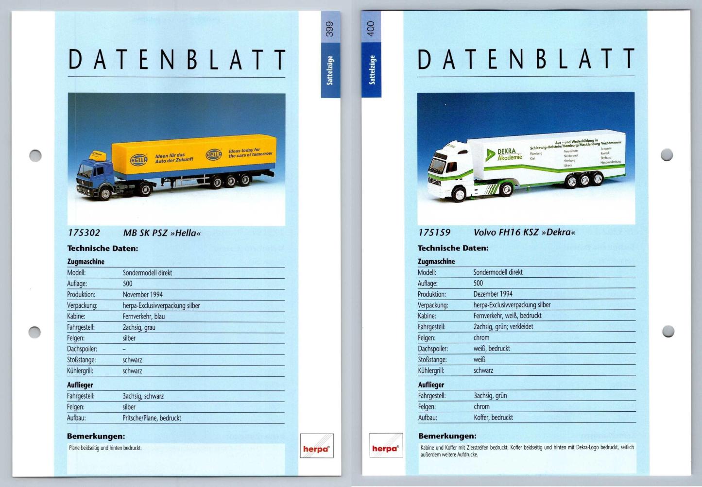 MB SK PSZ / Volvo FH16 KSZ #399/400 Sattelzuge - Herpa Data Sheet-Breakoutcards