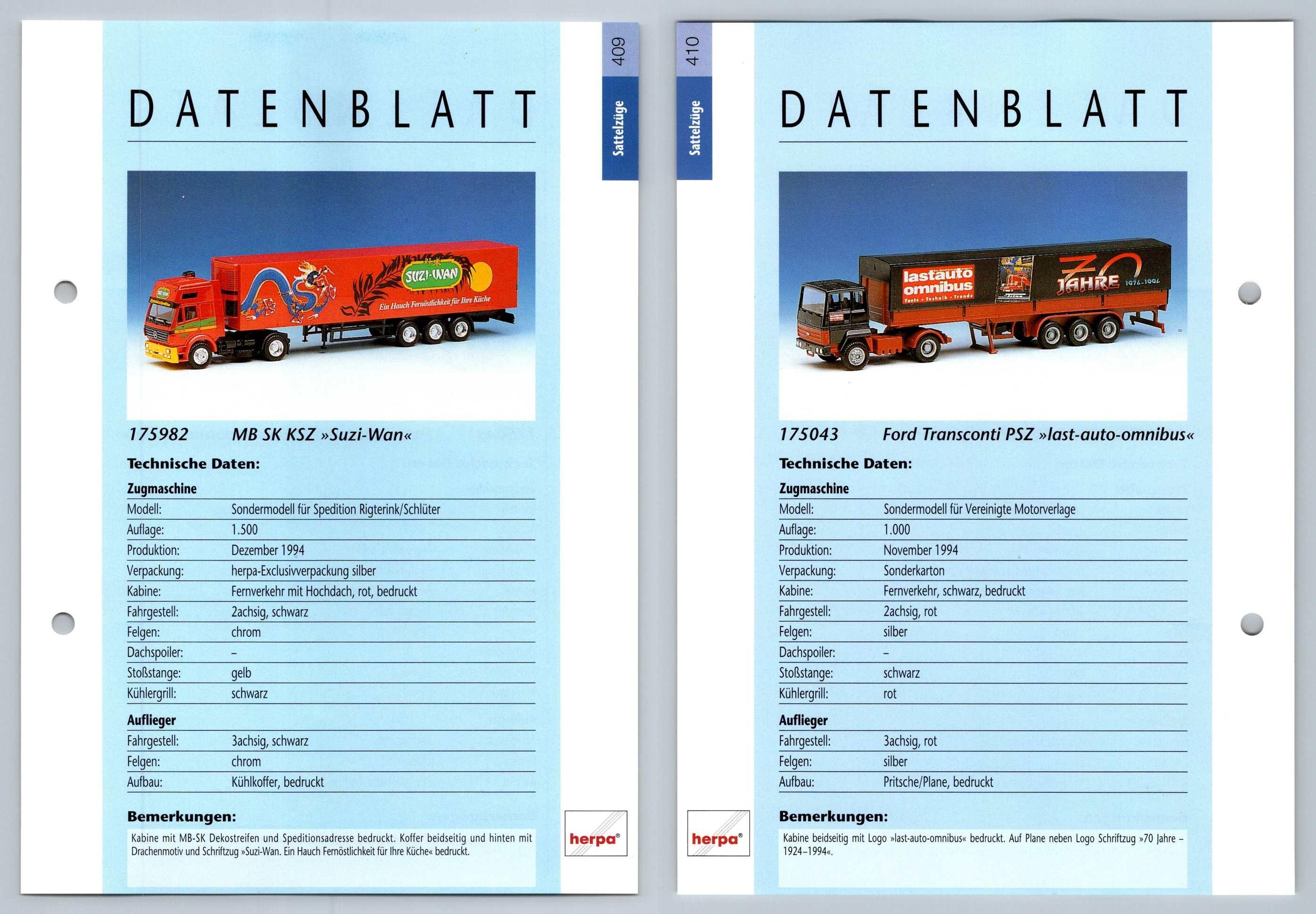 MB SK KSZ / Ford Transconti PSZ #409/10 Sattelzuge - Herpa Data Sheet-Breakoutcards