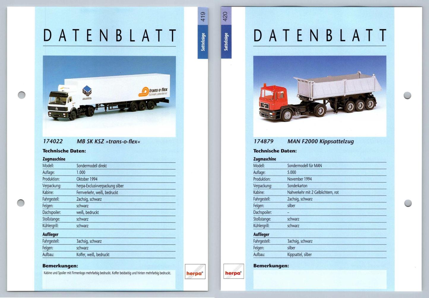 MB SK KSZ / MAN F2000 Kippsattelzug #419/20 Sattelzuge - Herpa Data Sheet-Breakoutcards