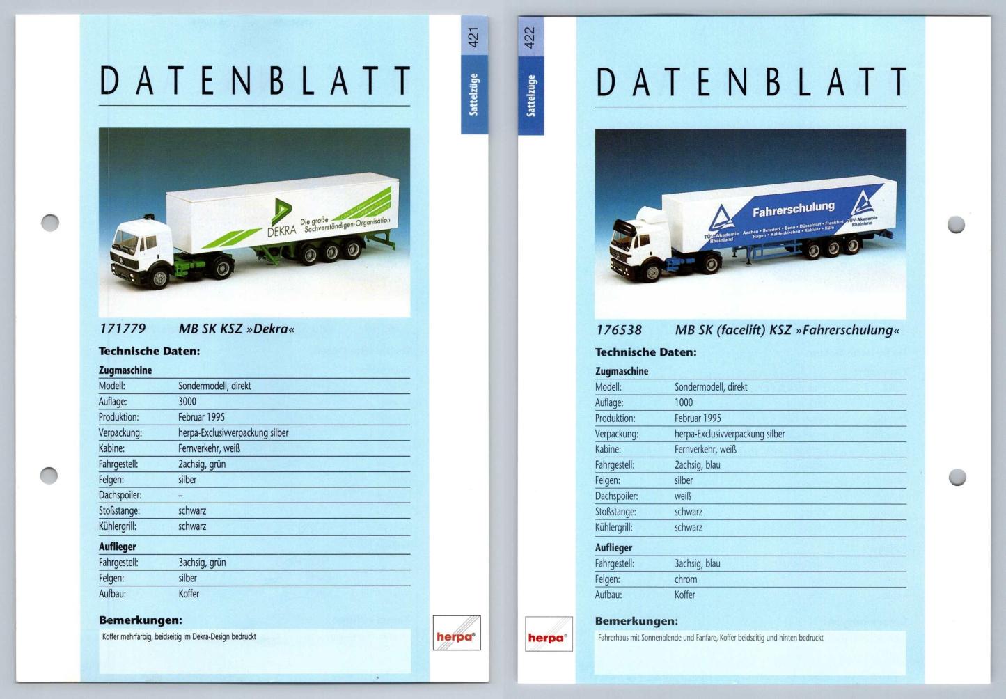 MB SK KSZ / MB SK Facelift KSZ #421/2 Sattelzuge - Herpa Data Sheet-Breakoutcards