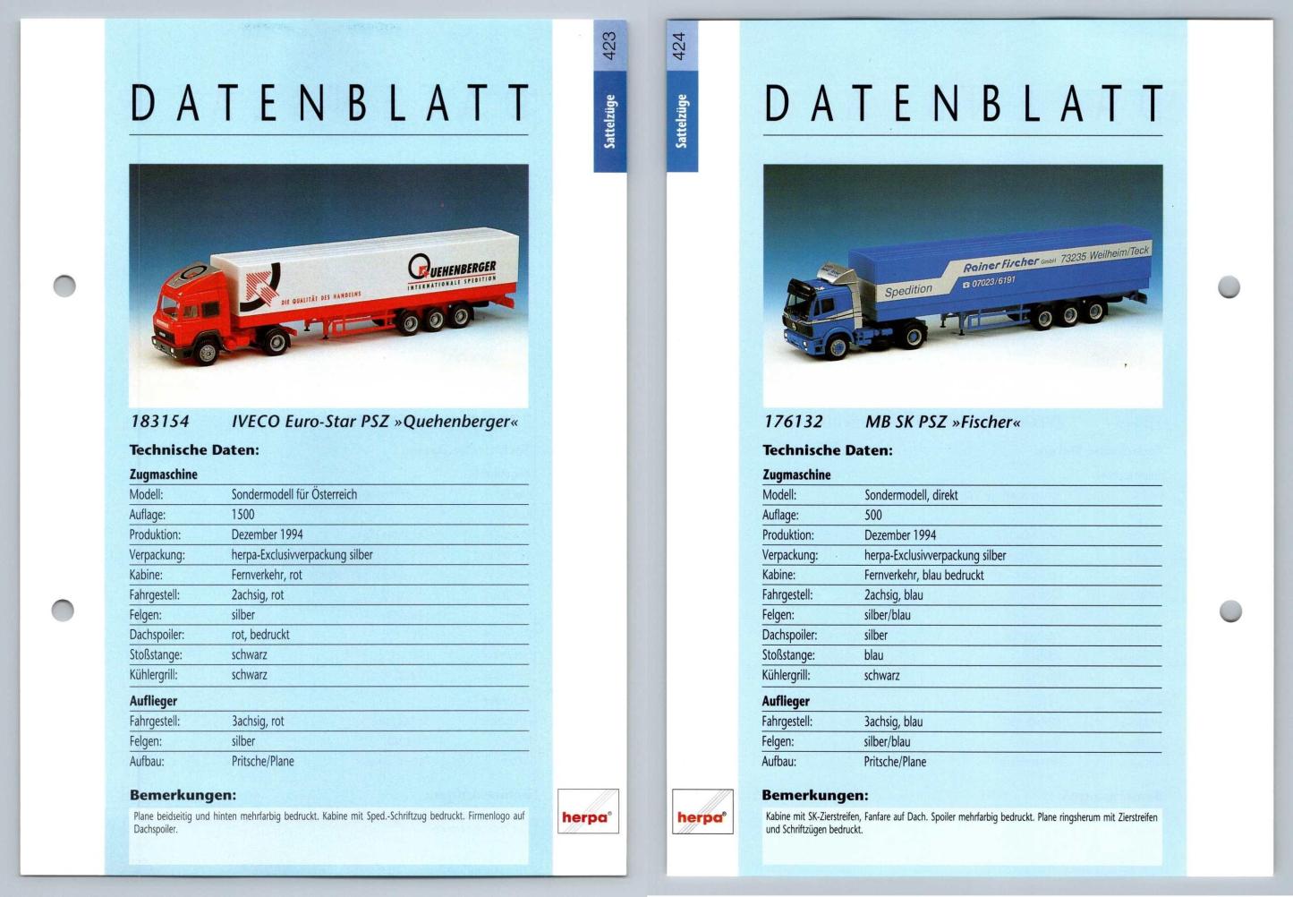 Iveco Euro-Star / MB SK PSZ #423/4 Sattelzuge - Herpa Data Sheet-Breakoutcards
