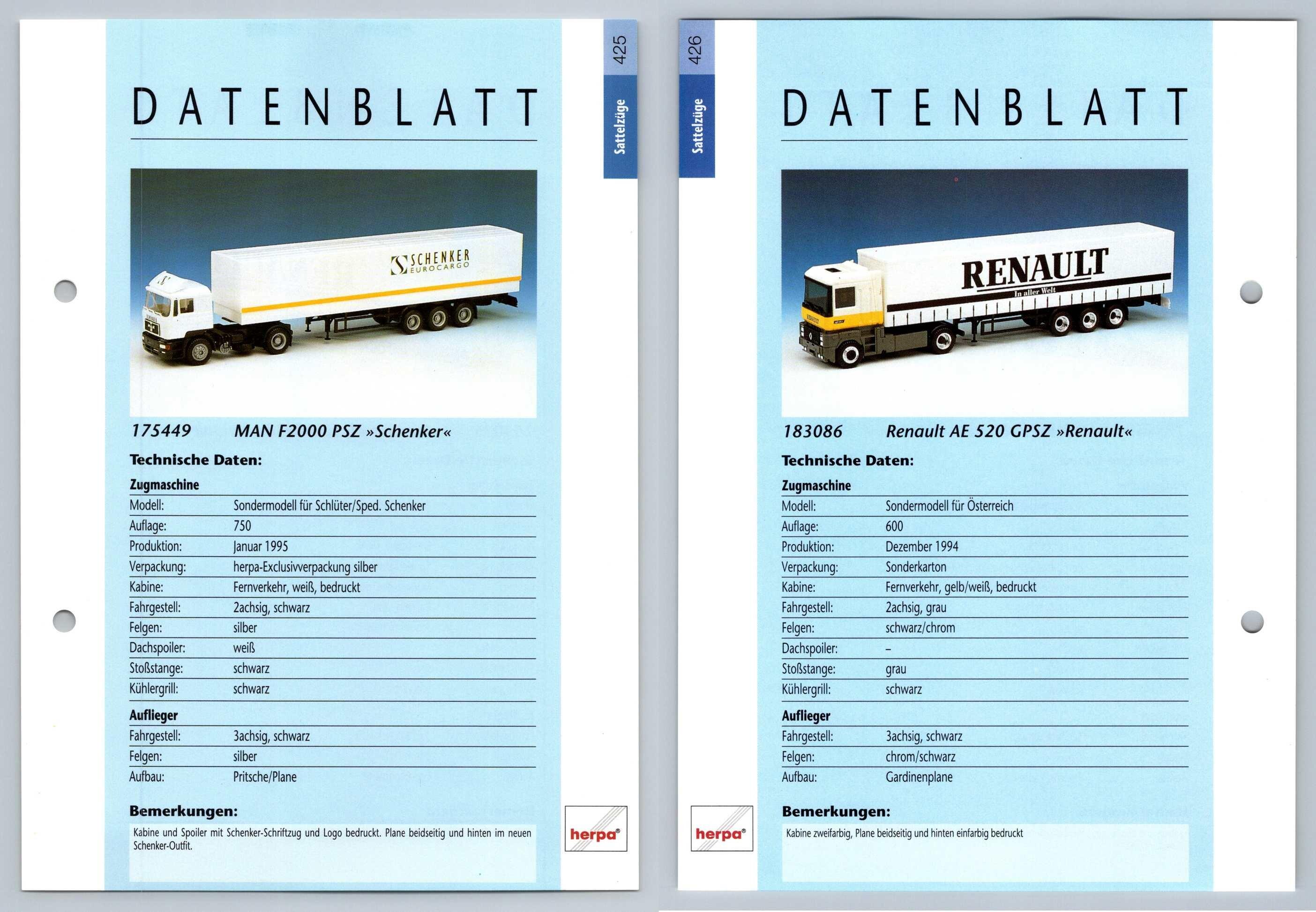 MAN F2000 PSZ / Renault AE 520 GPSZ #425/6 Sattelzuge - Herpa Data Sheet-Breakoutcards