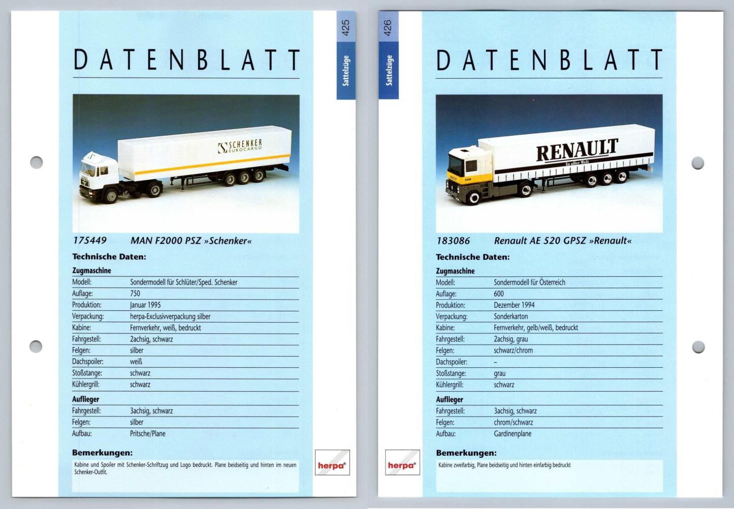 MAN F2000 PSZ / Renault AE 520 GPSZ #425/6 Sattelzuge - Herpa Data Sheet-Breakoutcards