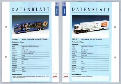 Scania Streamline Kuhl / Renault AE 500 #429/30 Sattelzuge - Herpa Data Sheet-Breakoutcards