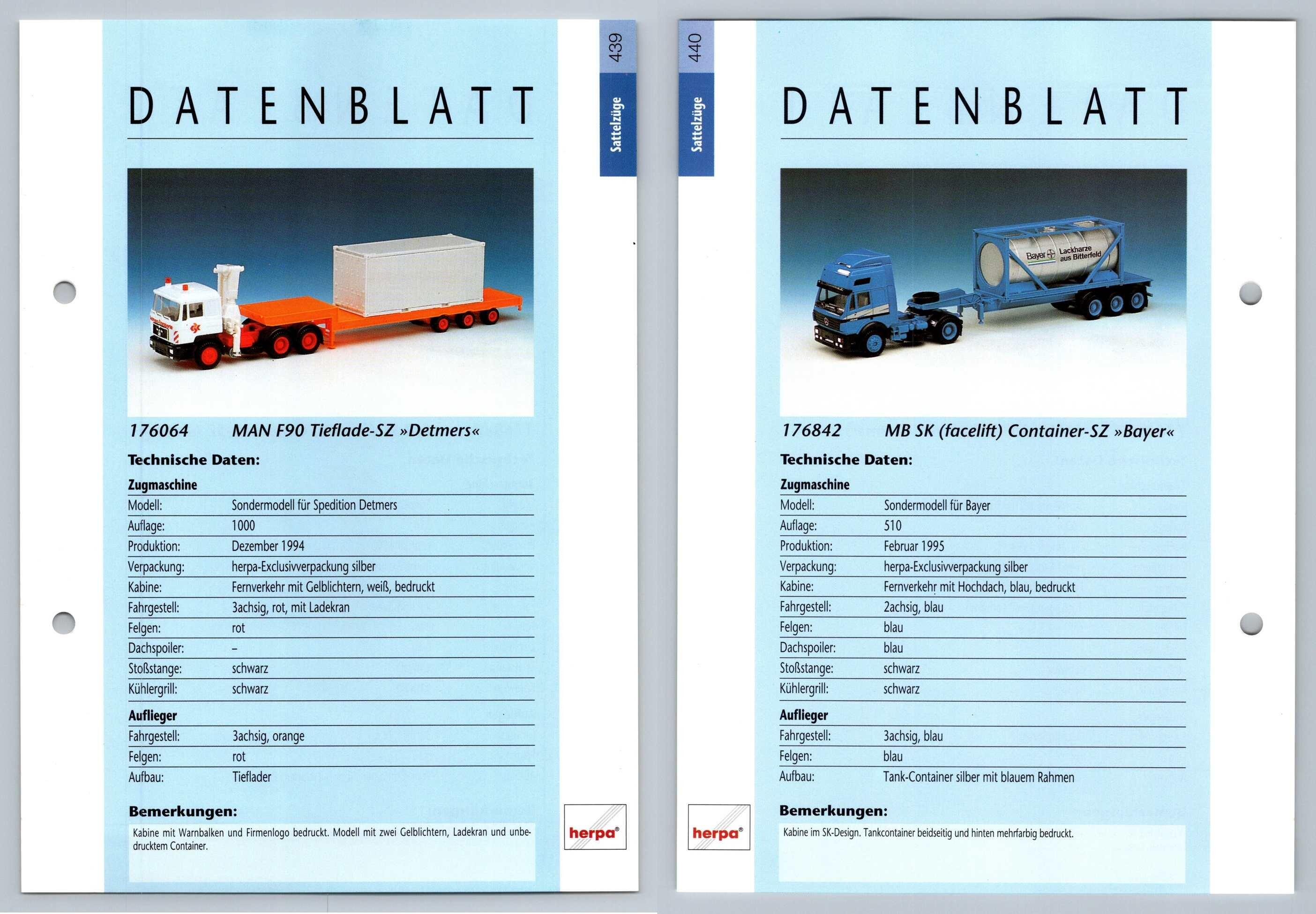 MAN F90 Tieflade / MB SK Facelift Container #439/40 Sattelzuge - Herpa Data Sheet-Breakoutcards