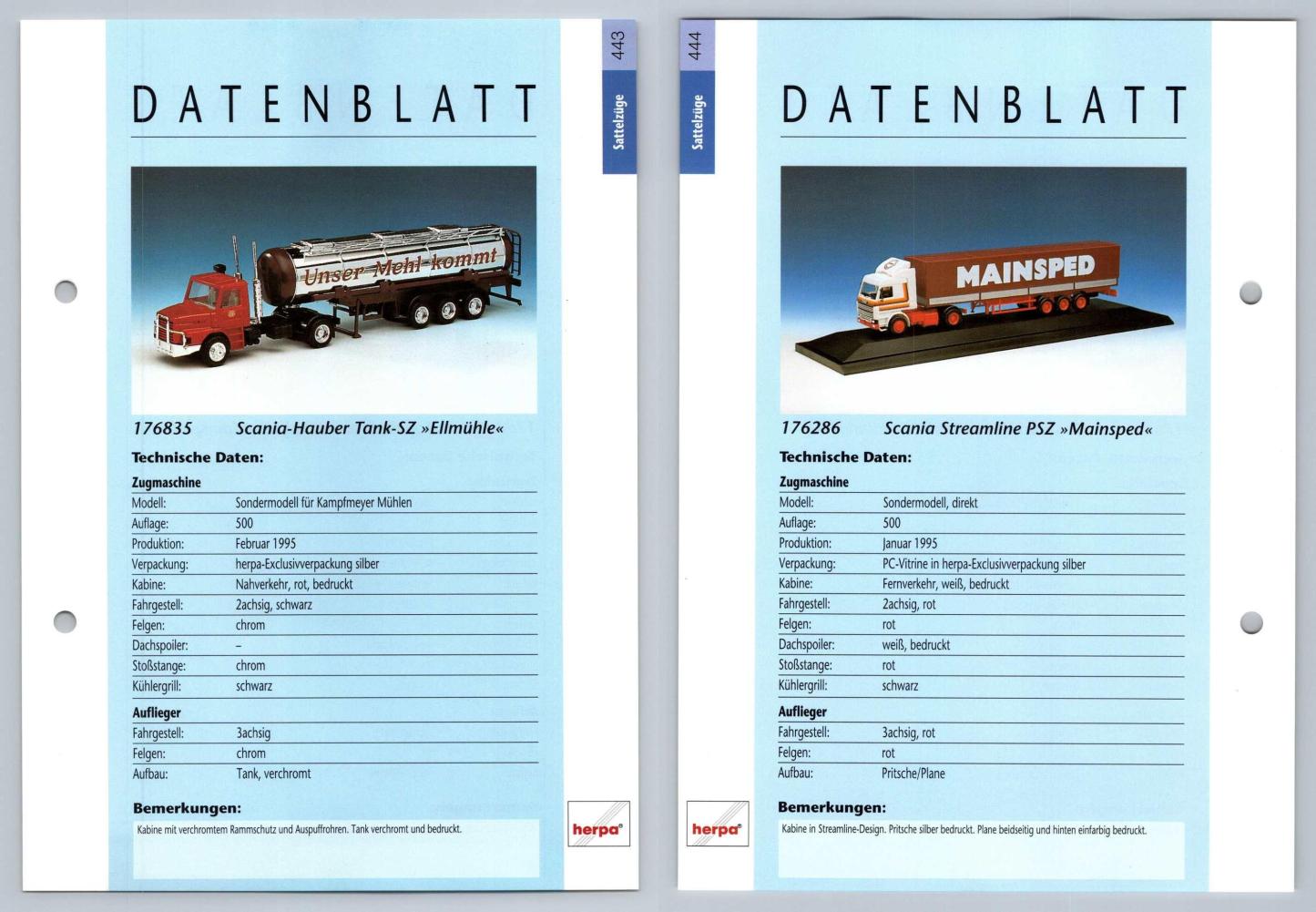 Scania Huber Tank / Scania Streamline #443/4 Sattelzuge - Herpa Data Sheet-Breakoutcards