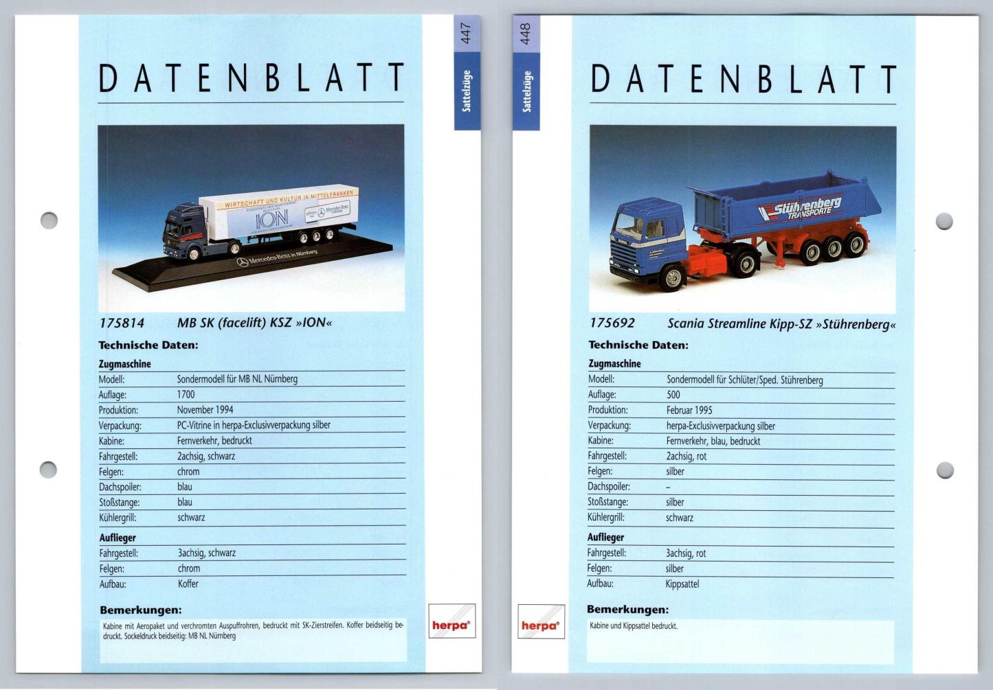 MB SK Facelift KSZ / Scania Streamline Kipp #447/8 Sattelzuge - Herpa Data Sheet-Breakoutcards
