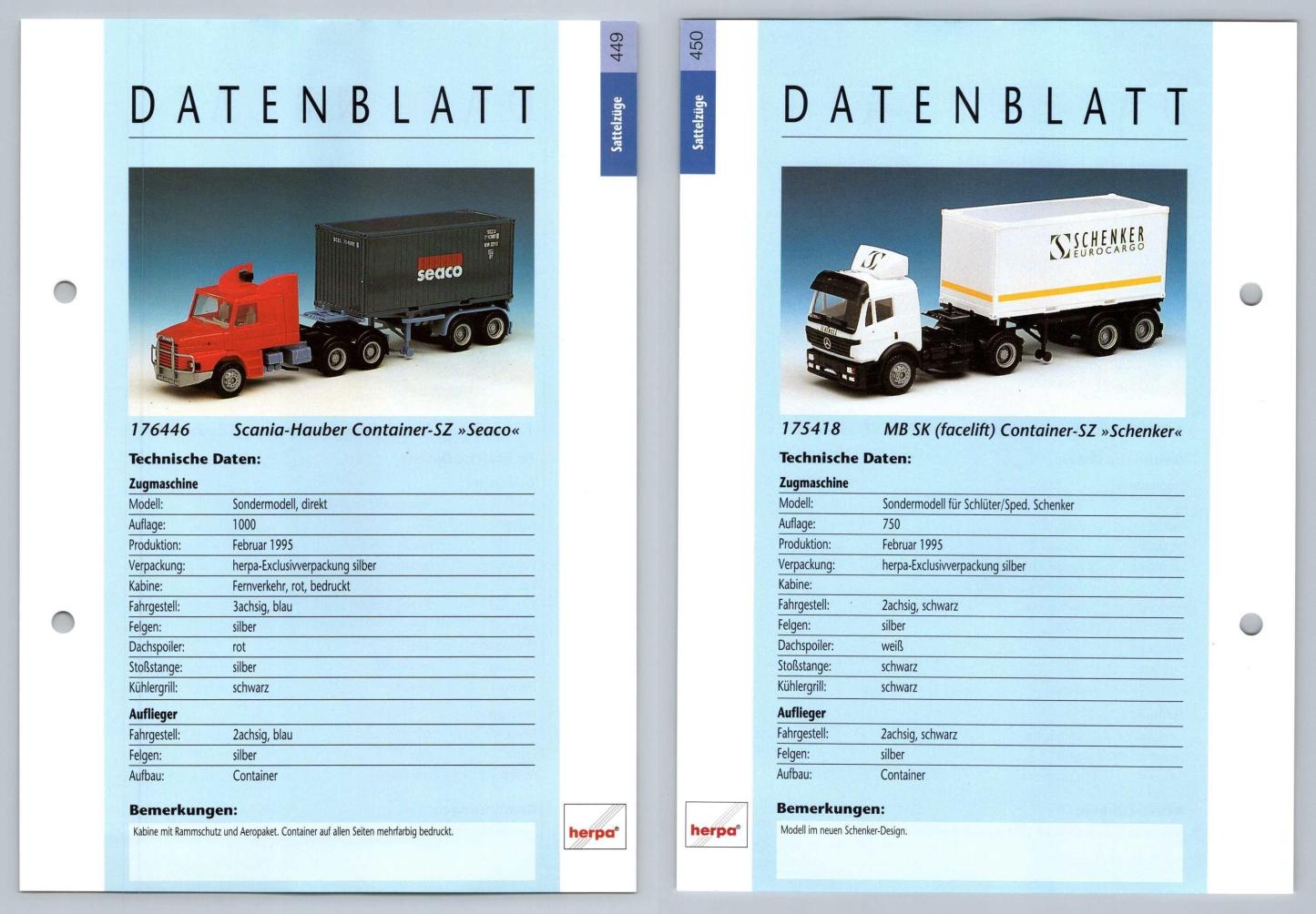 Scania Hauber Container / MB SK Facelife Container #449/50 Sattelzuge - Herpa Data Sheet-Breakoutcards