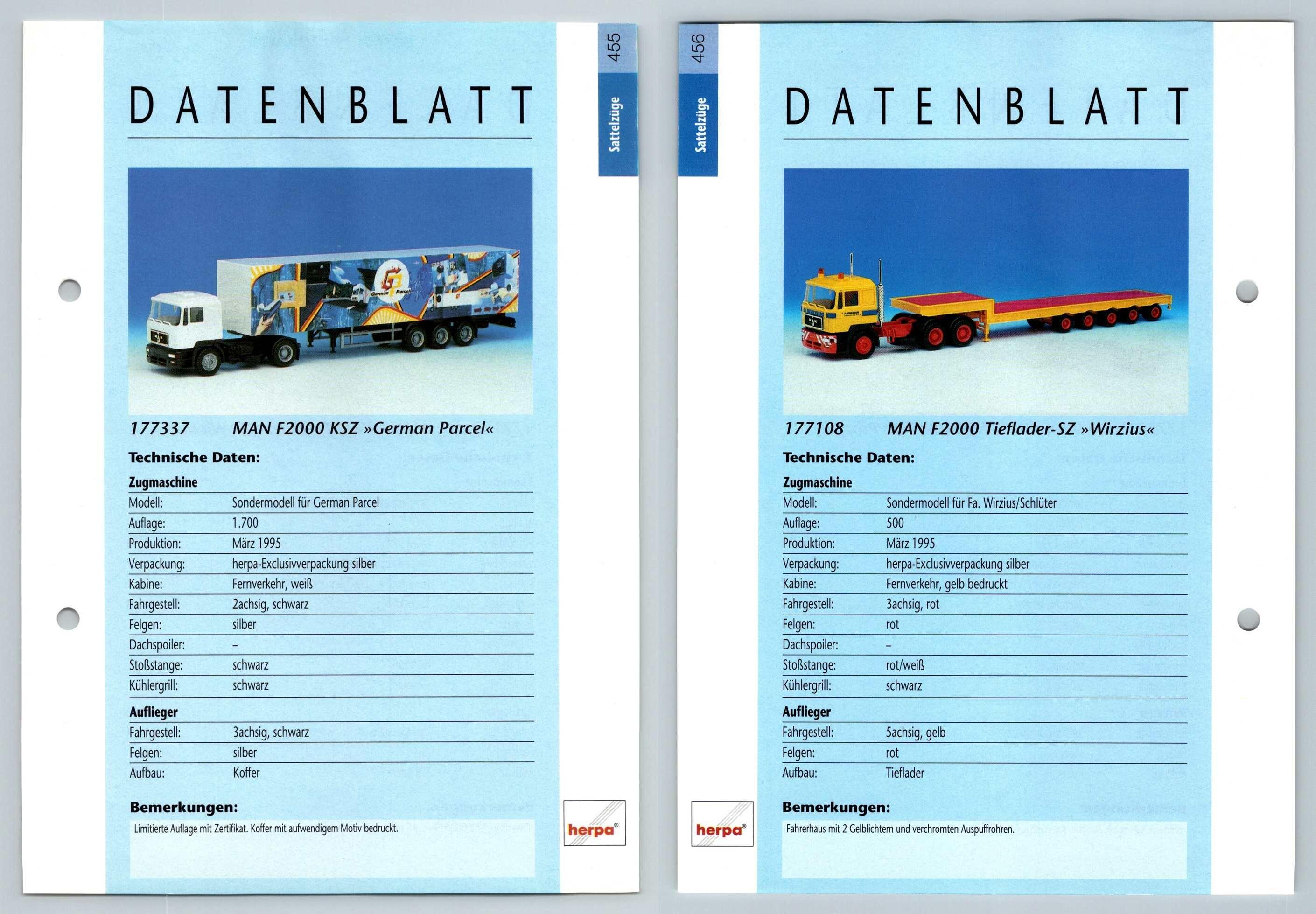 MAN F2000 KSZ / Tieflader SZ #455/6 Sattelzuge - Herpa Data Sheet-Breakoutcards