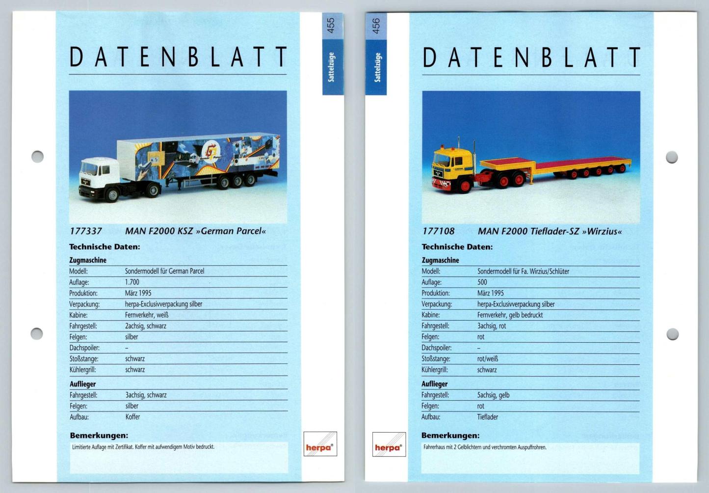 MAN F2000 KSZ / Tieflader SZ #455/6 Sattelzuge - Herpa Data Sheet-Breakoutcards