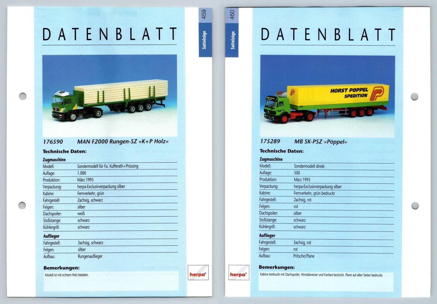 MAN F2000 Rungen / MB SK PSZ #459/60 Sattelzuge - Herpa Data Sheet-Breakoutcards