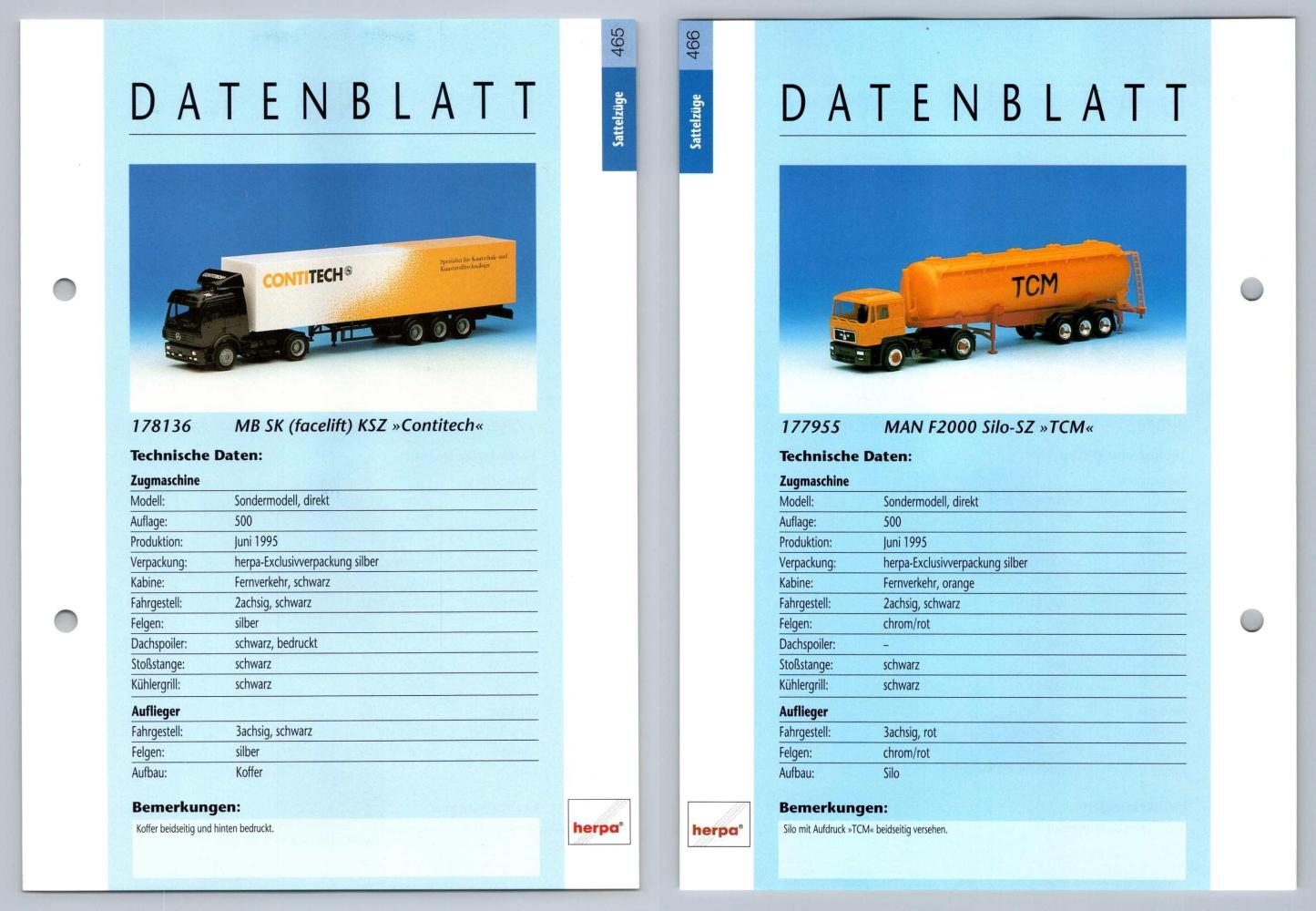 MB SK Facelift / MAN F2000 Silo #465/6 Sattelzuge - Herpa Data Sheet-Breakoutcards