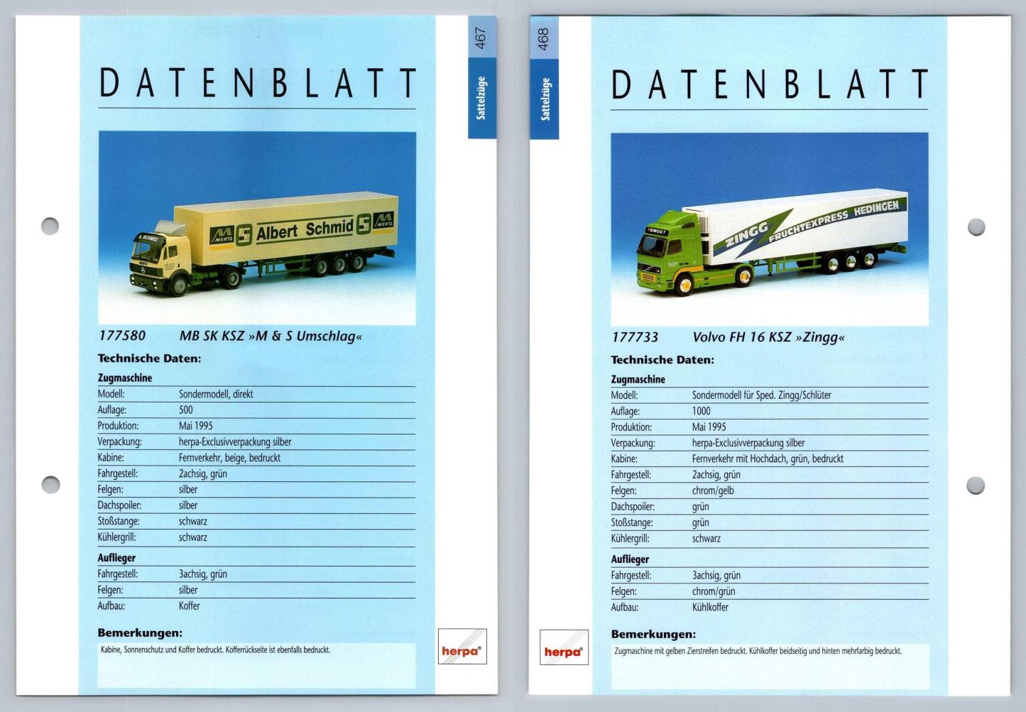 MB SK KSZ / Volvo FH 16 #467/8 Sattelzuge - Herpa Data Sheet-Breakoutcards