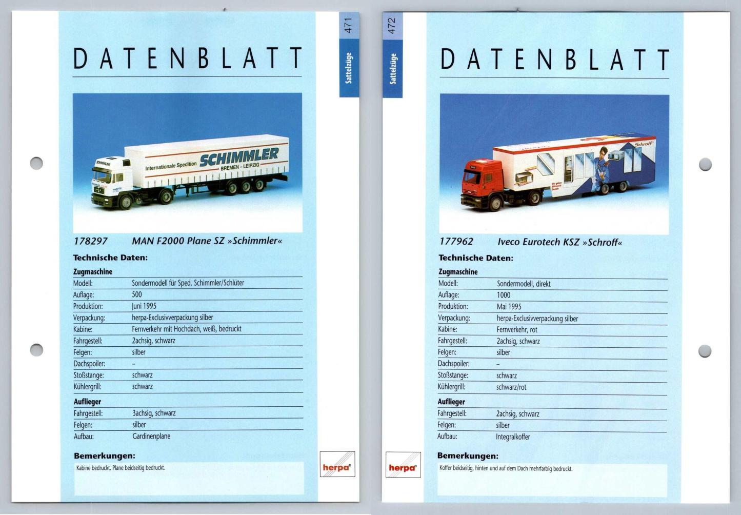 MAN F2000 Plane / Iveco Eurotech #471/2 Sattelzuge - Herpa Data Sheet-Breakoutcards