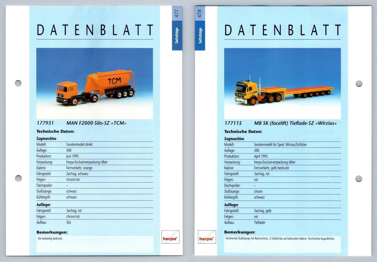 MAN F2000 Silo / MB SK Facelife Tieflade #477/8 Sattelzuge - Herpa Data Sheet-Breakoutcards