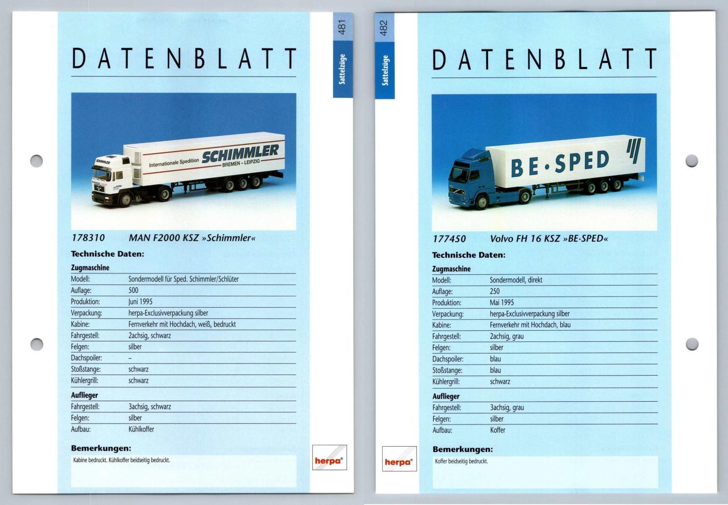 MAN F2000 KSZ / Volvo FH 16 #481/2 Sattelzuge - Herpa Data Sheet-Breakoutcards