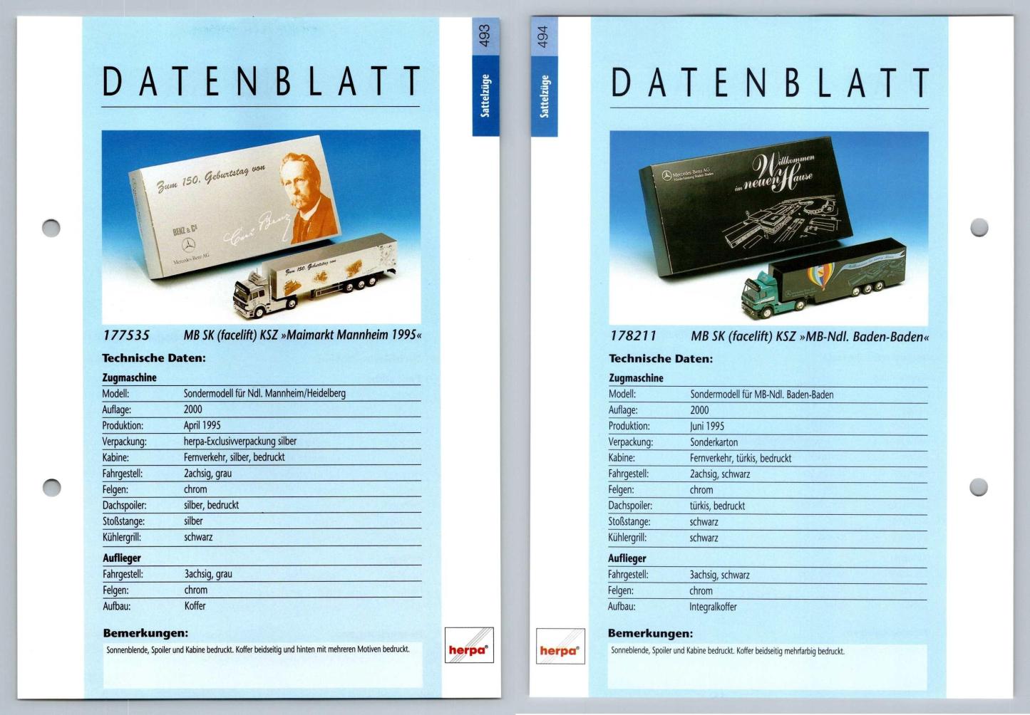 MB SK Facelift KSZ #493/4 Sattelzuge - Herpa Data Sheet-Breakoutcards