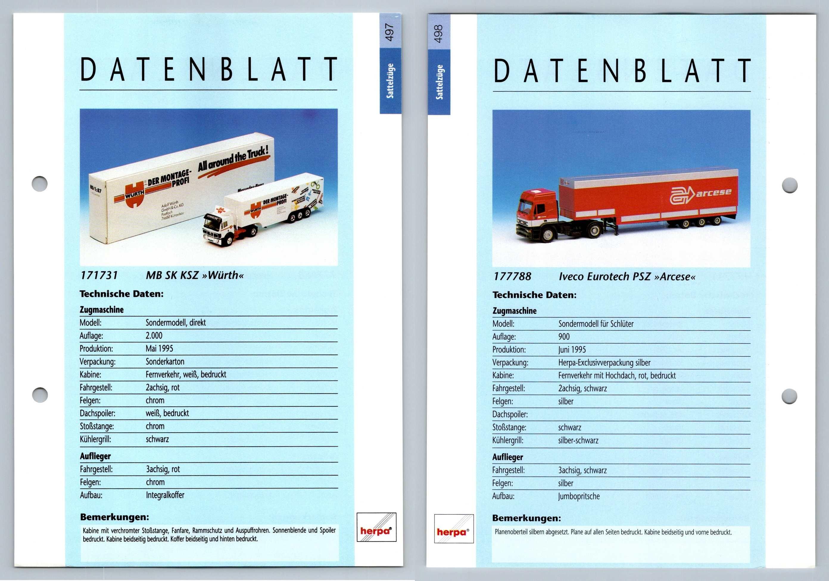 MB SK KSZ / Iveco Eurotech PSZ #497/8 Sattelzuge - Herpa Data Sheet-Breakoutcards