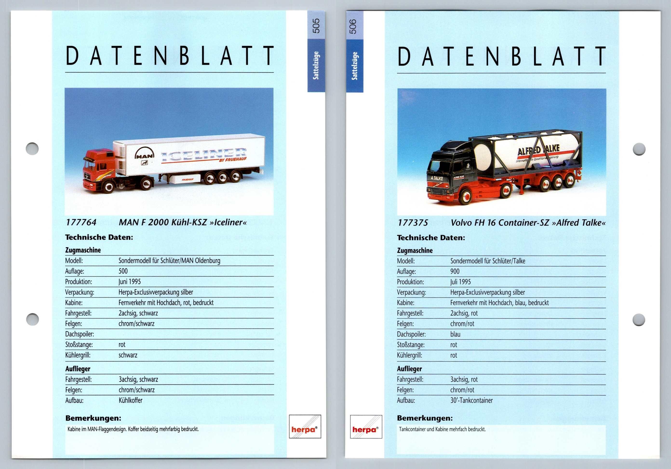 MAN F 2000 Kuhl / Volvo FH 16 Container #505/6 Sattelzuge - Herpa Data Sheet-Breakoutcards