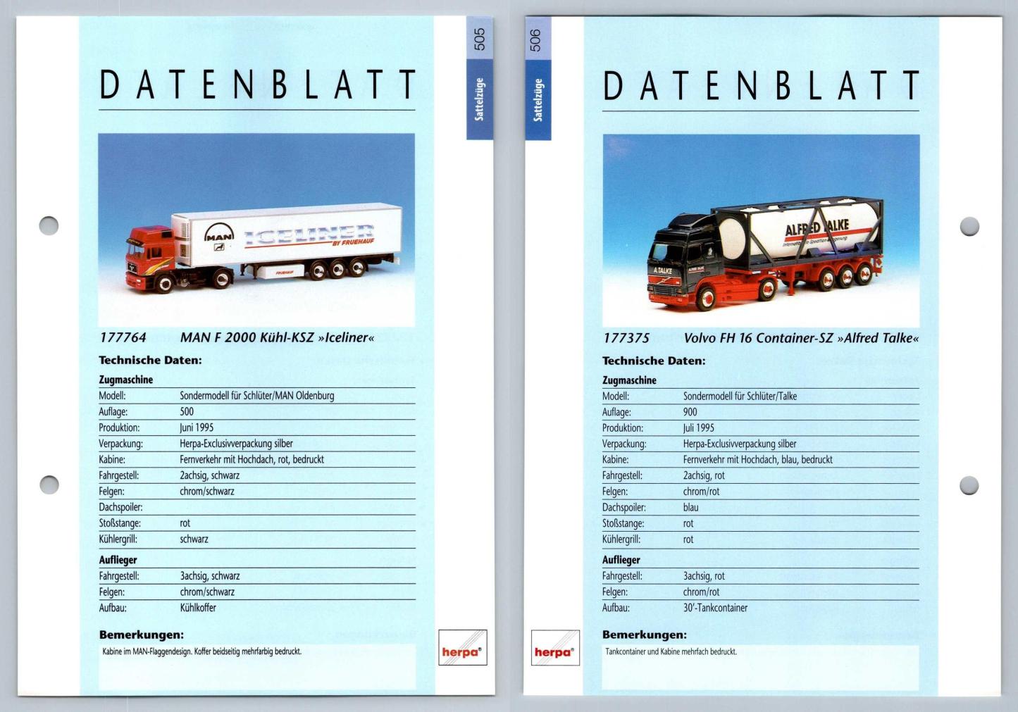 MAN F 2000 Kuhl / Volvo FH 16 Container #505/6 Sattelzuge - Herpa Data Sheet-Breakoutcards