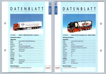 MAN F 2000 Kuhl / Volvo FH 16 Container #505/6 Sattelzuge - Herpa Data Sheet-Breakoutcards