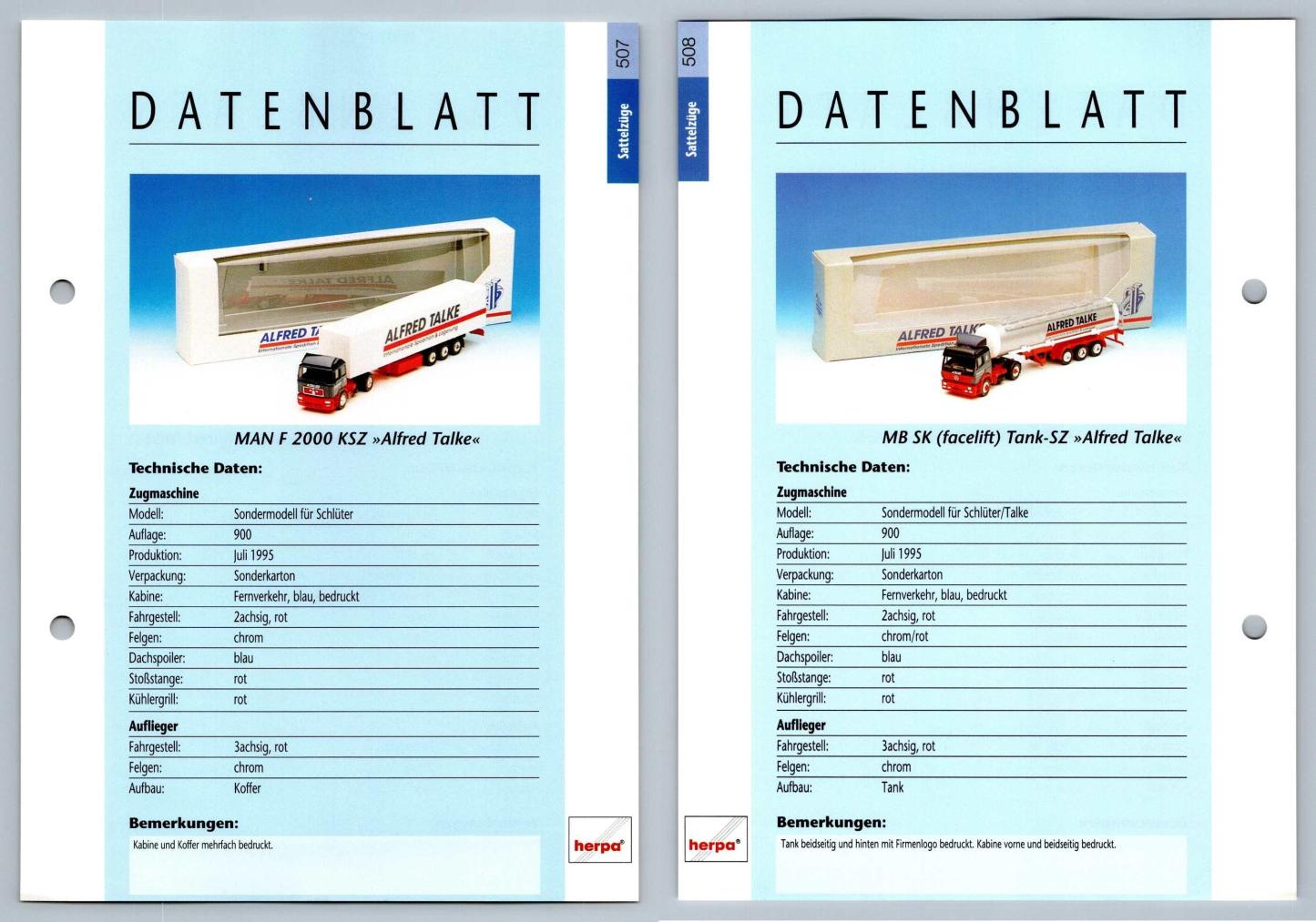 MAN F2000 KSZ / MB SK Facelift Tank #507/8 Sattelzuge - Herpa Data Sheet-Breakoutcards