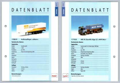 Kofferauflieger / MB SK Facelift Pipp SZ #511/512 Sattelzuge - Herpa Data Sheet-Breakoutcards
