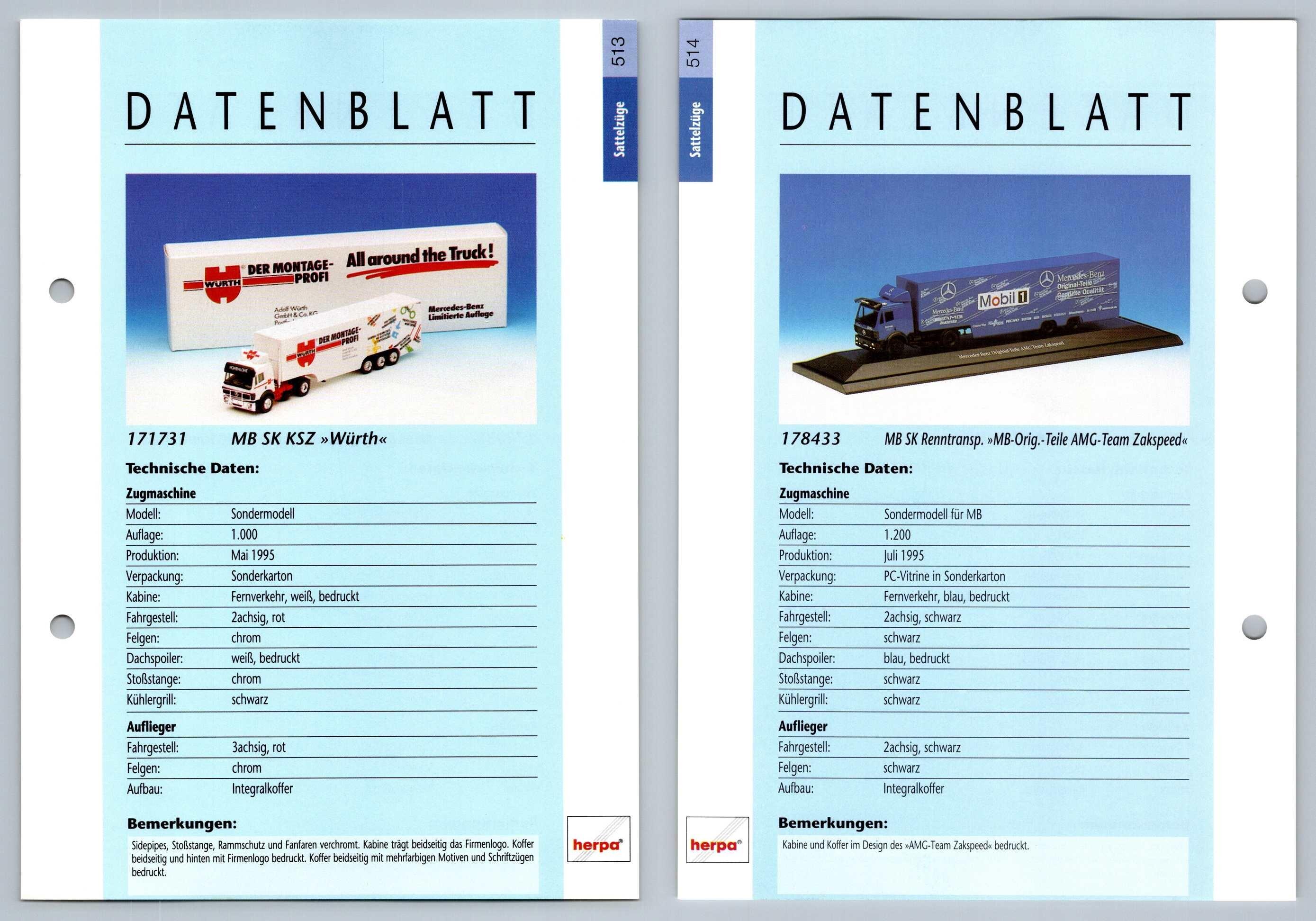 MB SK KSZ / MB SK Renntransp #513/4 Sattelzuge - Herpa Data Sheet-Breakoutcards
