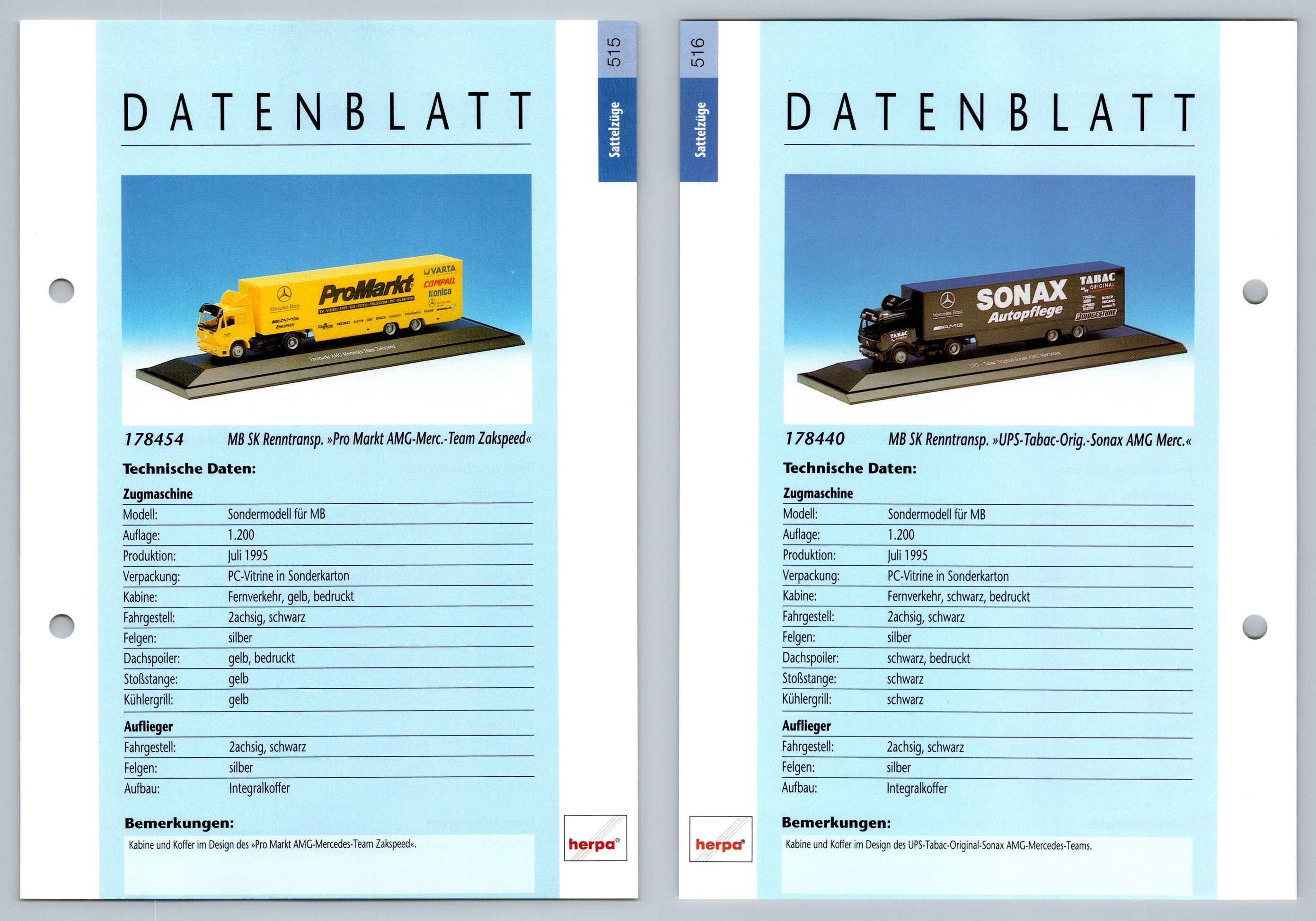 MB SK Renntransp Pro Markt / Sonax #515/6 Sattelzuge - Herpa Data Sheet-Breakoutcards