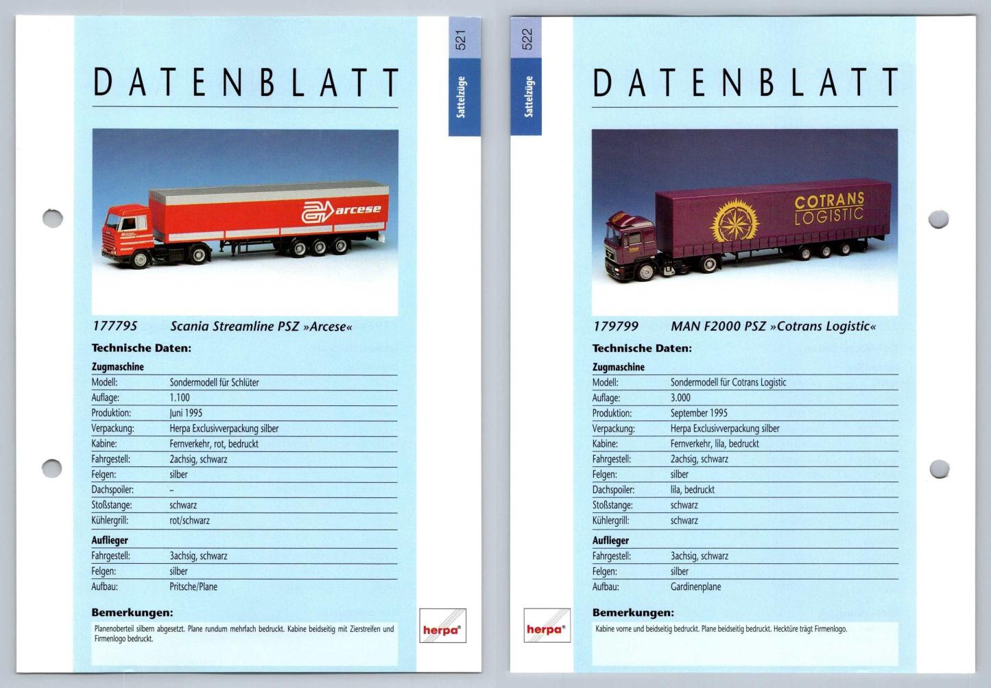 Scania Streamline PSZ / MAN F2000 PSZ #521/2 Sattelzuge - Herpa Data Sheet-Breakoutcards